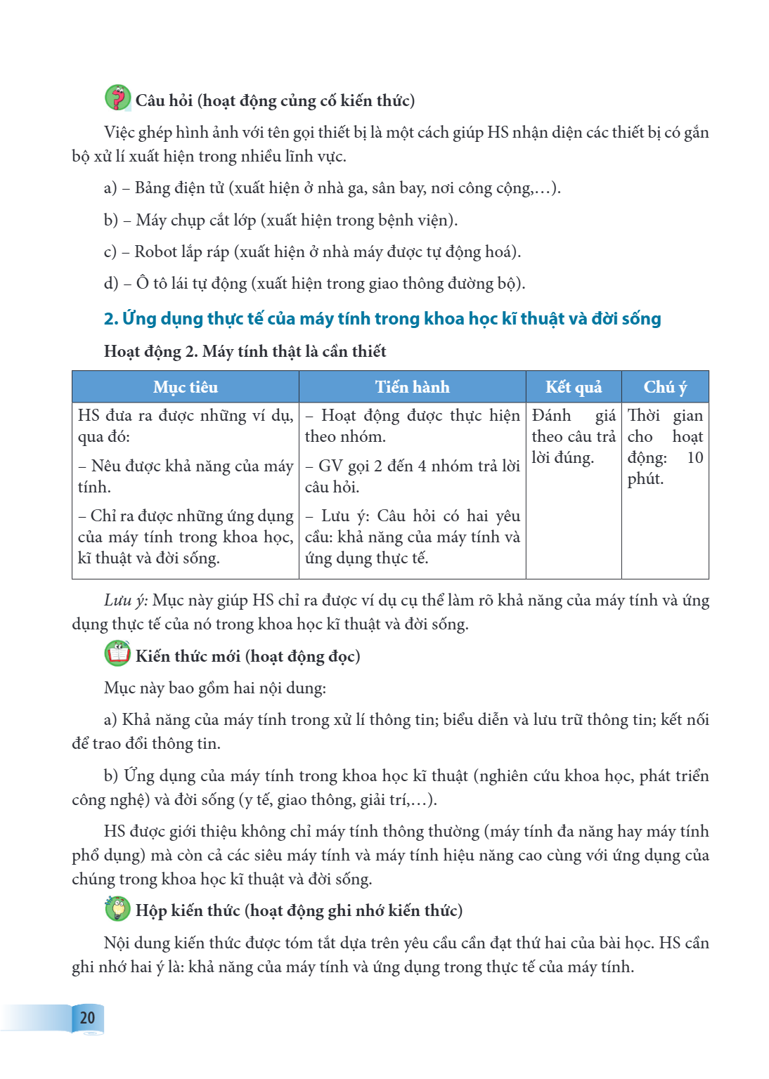 Câu hỏi (hoạt động củng cố kiến thức) Việc ghép hình ảnh với tên gọi thiết bị là một cách giúp HS nhận diện các thiết bị có gắn bộ xử lí xuất hiện trong nhiều l