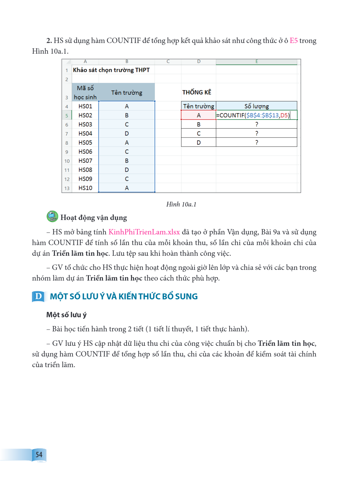 2. HS sử dụng hàm COUNTIF để tổng hợp kết quả khảo sát như công thức ở ô E5 trong Hình 10a.1. Hình 10a.1 Hoạt động vận dụng HS mở bảng tính KinhPhiTrienLam.xlsx