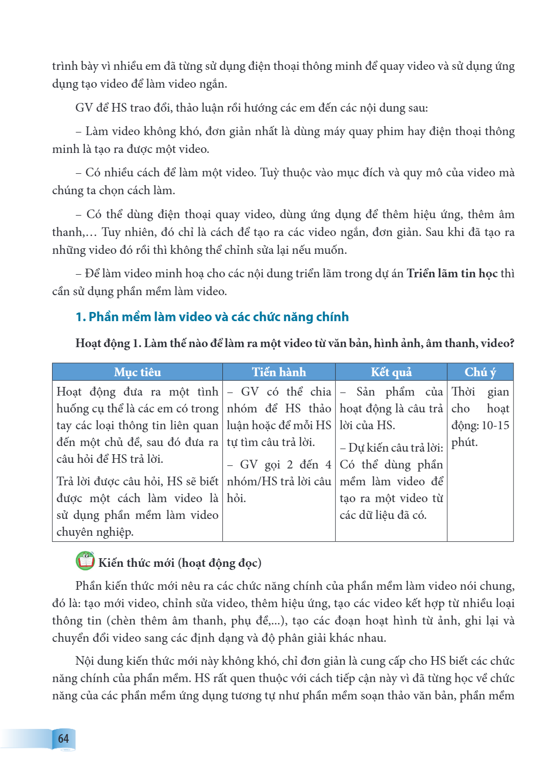 trình bày vì nhiều em đã từng sử dụng điện thoại thông minh để quay video và sử dụng ứng dụng tạo video để làm video ngắn. GV để HS trao đổi, thảo luận rồi hướn