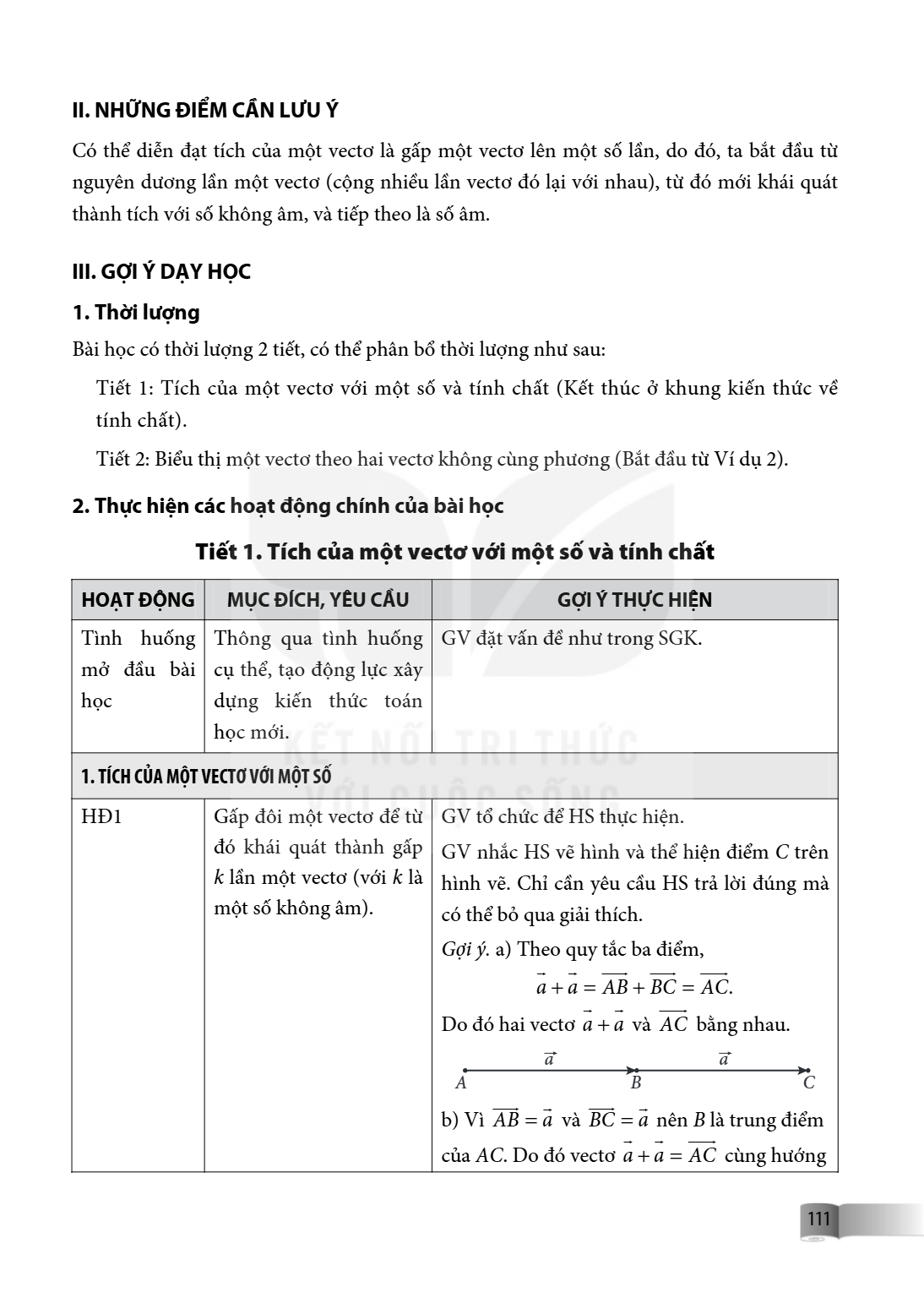 II. NHỮNG ĐIỂM CẦN LƯU Ý Có thể diễn đạt tích của một vectơ là gấp một vectơ lên một số lần, do đó, ta bắt đầu từ nguyên dương lần một vectơ (cộng nhiều lần vec