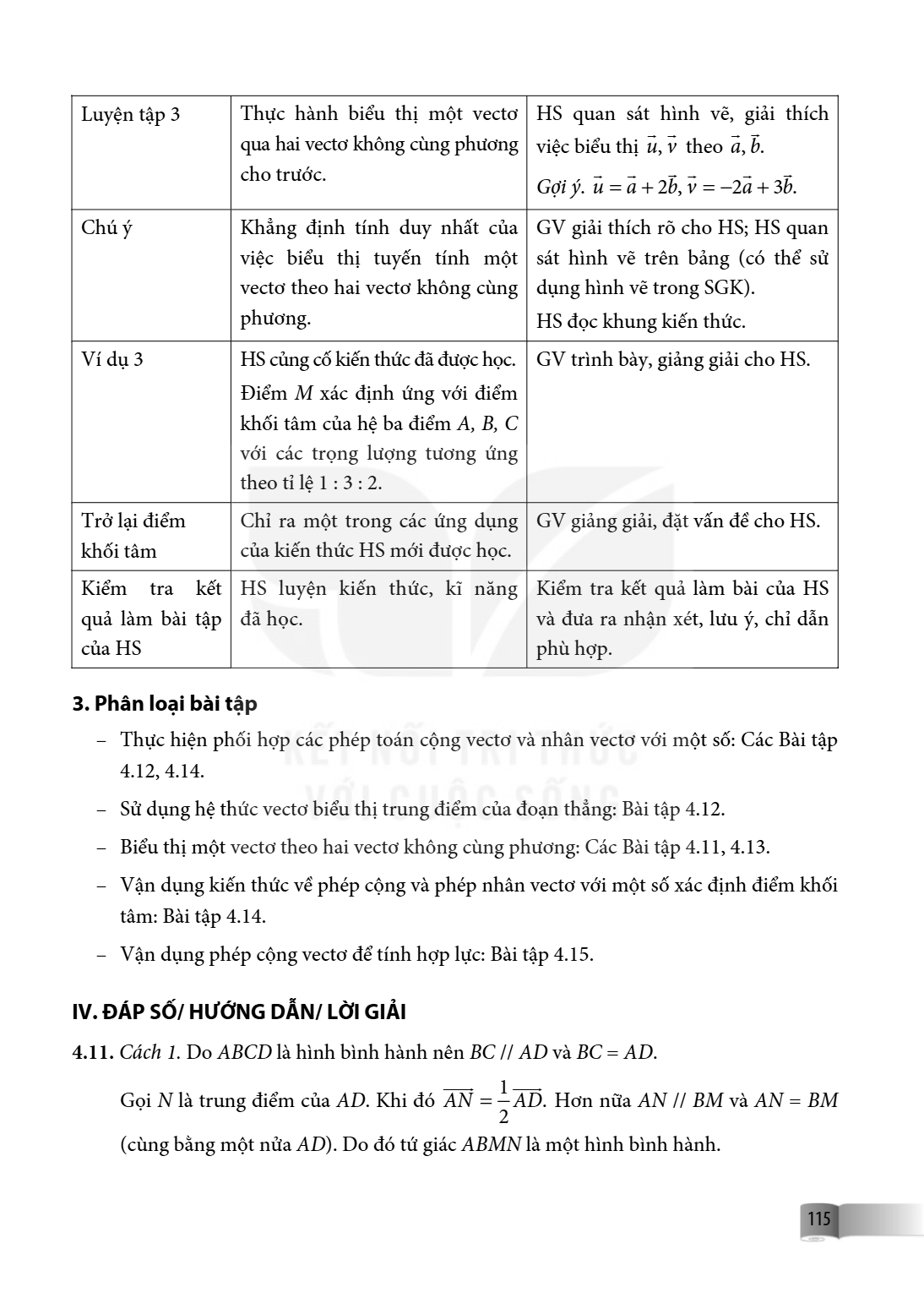 Luyện tập 3, Thực hành biểu thị một vectơ qua hai vectơ không cùng phương cho trước., HS quan sát hình vẽ, giải thích việc biểu thị $\vec{u}, \vec{v}$ theo $\ve