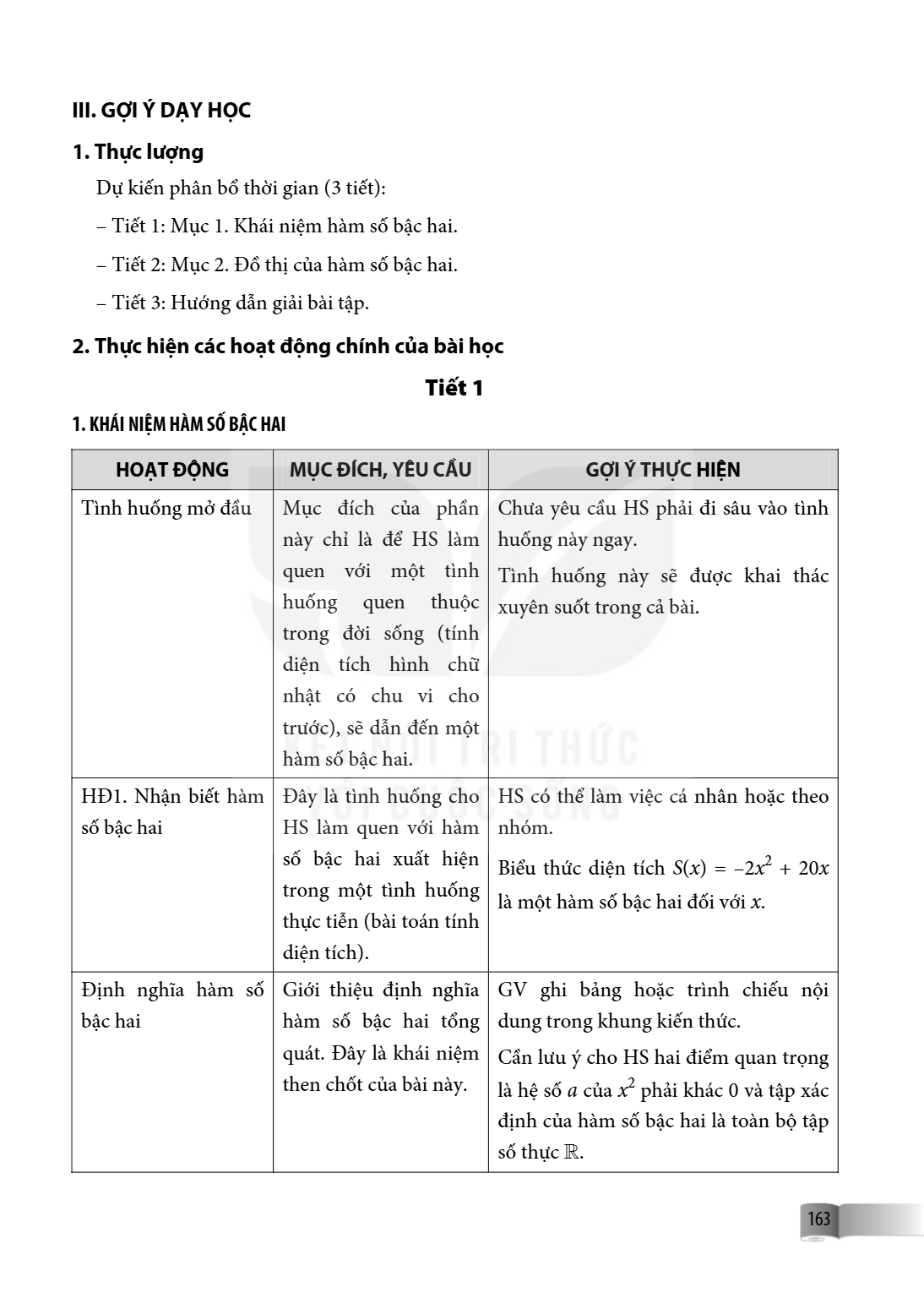 III. GỢI Ý DẠY HỌC 1. Thực lượng Dự kiến phân bổ thời gian (3 tiết): – Tiết 1: Mục 1. Khái niệm hàm số bậc hai. – Tiết 2: Mục 2. Đồ thị của hàm số bậc hai. – Ti