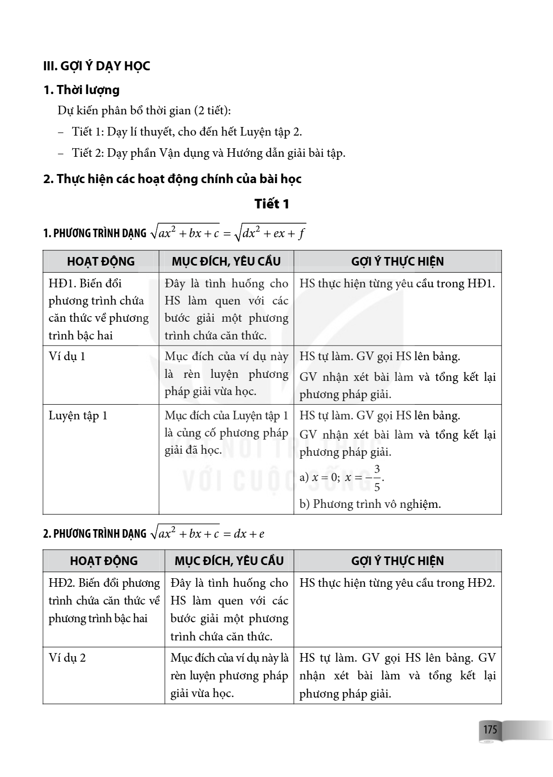 III. GỢI Ý DẠY HỌC 1. Thời lượng Dự kiến phân bố thời gian (2 tiết): – Tiết 1: Dạy lí thuyết, cho đến hết Luyện tập 2. – Tiết 2: Dạy phần Vận dụng và Hướng dẫn 
