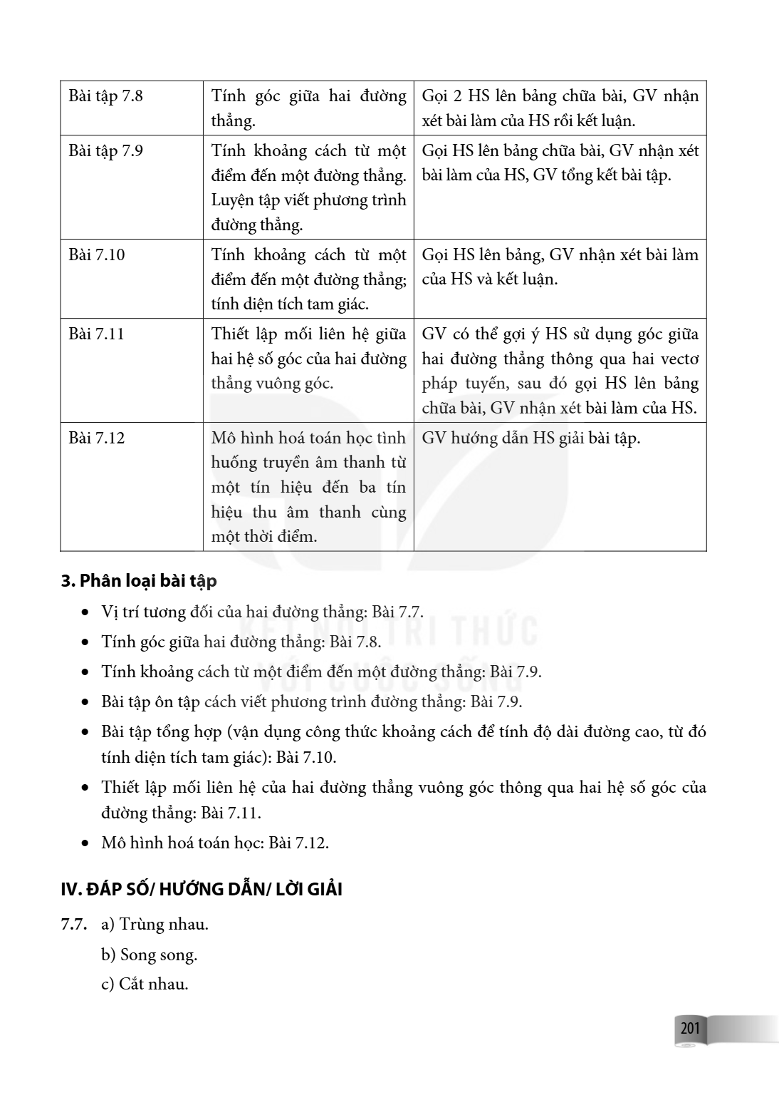 Bài tập 7.8, Tính góc giữa hai đường thẳng., Gọi 2 HS lên bảng chữa bài, GV nhận xét bài làm của HS rồi kết luận. Bài tập 7.9, Tính khoảng cách từ một điểm đến 