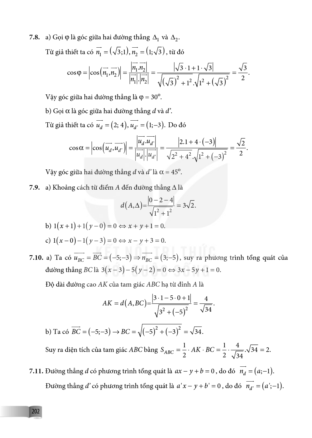 7.8. a) Gọi $\varphi$ là góc giữa hai đường thẳng $\Delta_1$ và $\Delta_2$. Từ giả thiết ta có $\vec{n_1} = (\sqrt{3}; 1), \vec{n_2} = (1; \sqrt{3})$, từ đó $\c