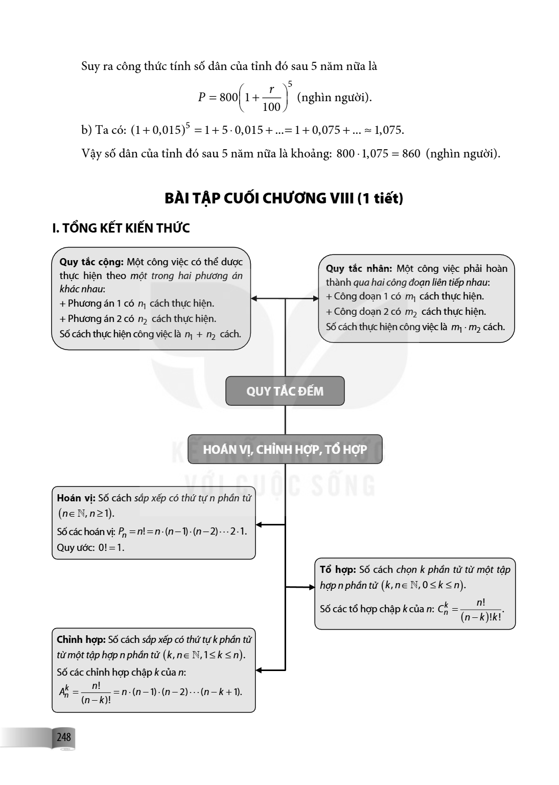Bài tập cuối chương VIII I. TỔNG KẾT KIẾN THỨC Quy tắc cộng: Một công việc có thể được thực hiện theo một trong hai phương án khác nhau: Phương án 1 có $n_1$ cá