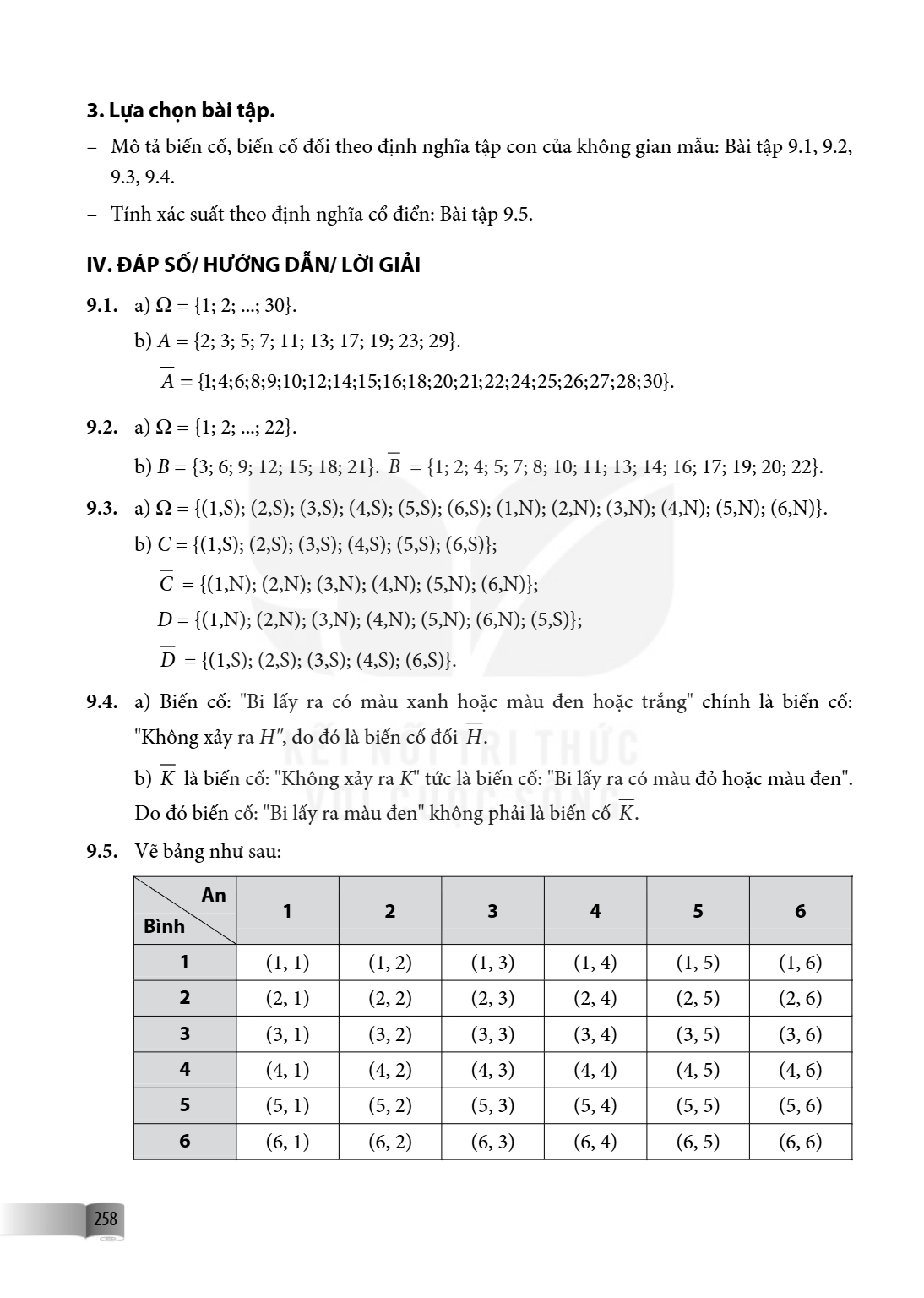 3. Lựa chọn bài tập – Mô tả biến cố, biến cố đối theo định nghĩa tập con của không gian mẫu: Bài tập 9.1, 9.2, 9.3, 9.4. – Tính xác suất theo định nghĩa cổ điển