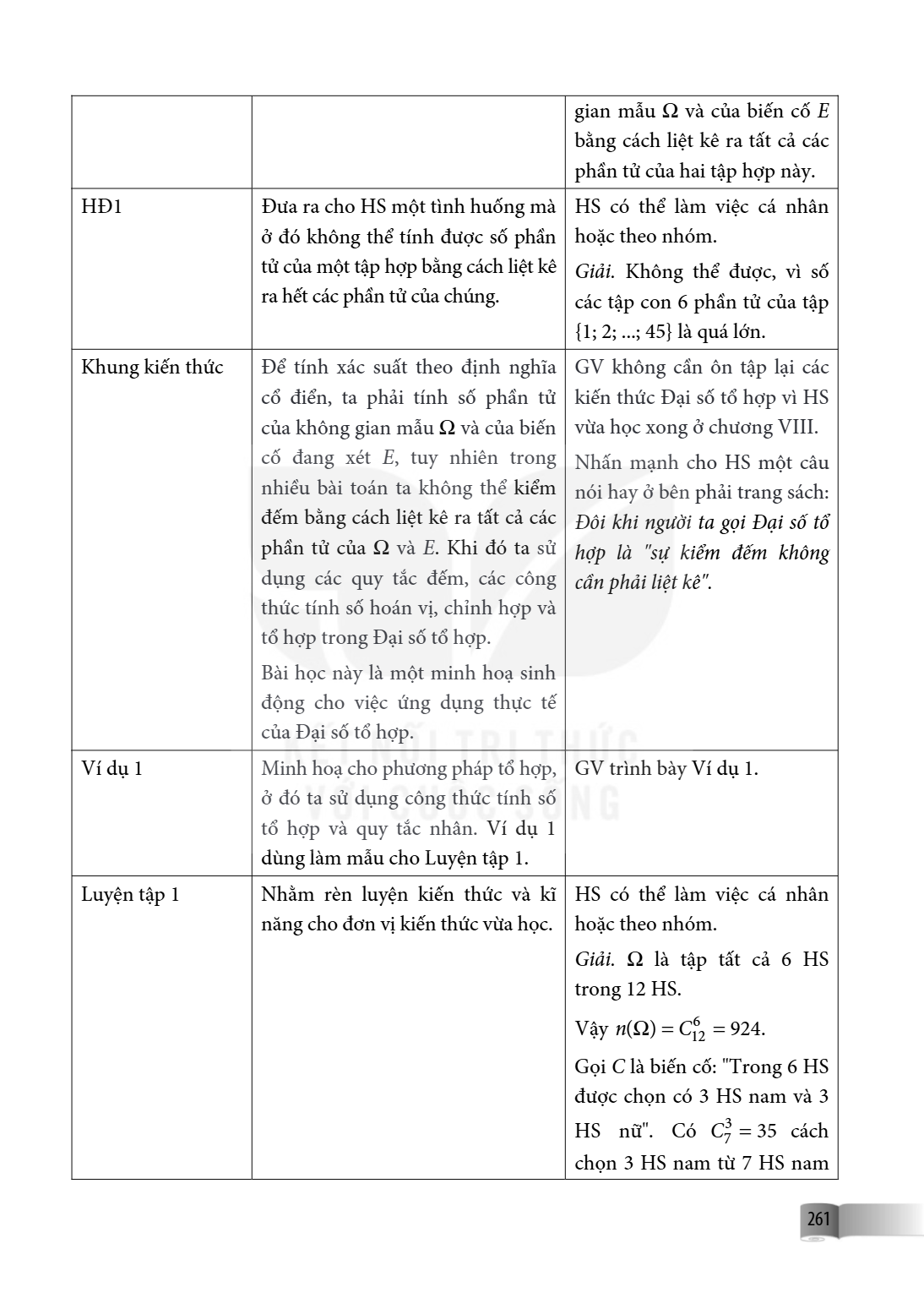 gian mẫu $\Omega$ và của biến cố $E$ bằng cách liệt kê ra tất cả các phần tử của hai tập hợp này. HĐ1, Đưa ra cho HS một tình huống mà ở đó không thể tính được 