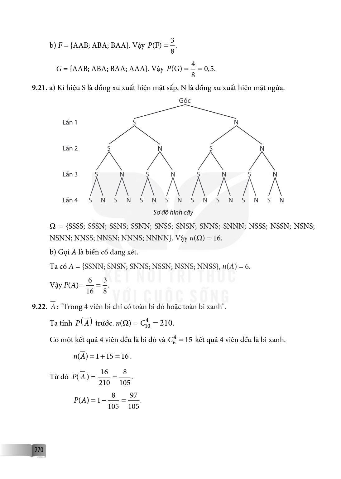b) $F = {\text{AAB; ABA; BAA}}$. Vậy $P(F) = \frac{3}{8}$. $G = {\text{AAB; ABA; BAA; AAA}}$. Vậy $P(G) = \frac{4}{8} = 0,5$. 9.21. a) Kí hiệu S là đồng xu xuất