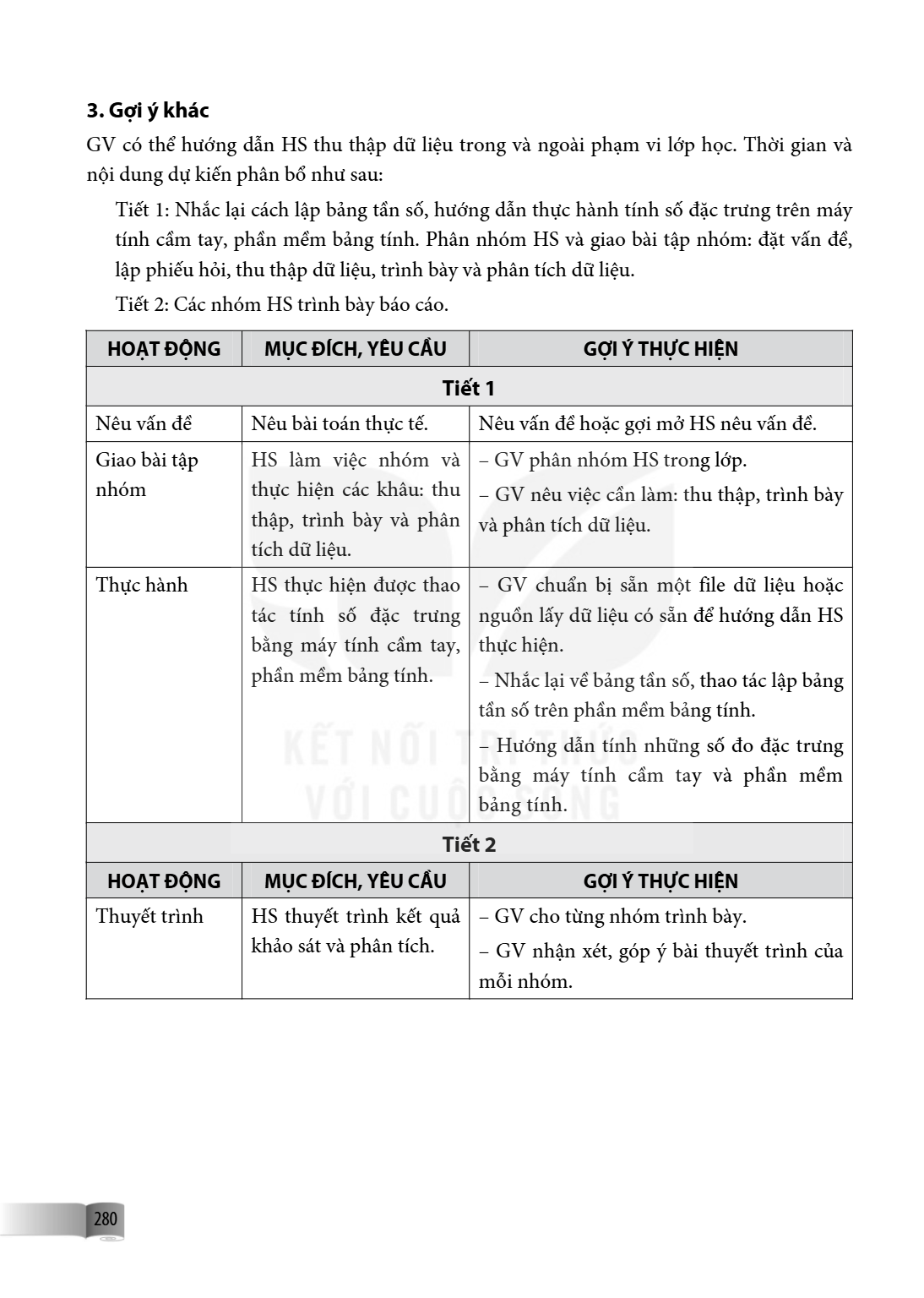 3. Gợi ý khác GV có thể hướng dẫn HS thu thập dữ liệu trong và ngoài phạm vi lớp học. Thời gian và nội dung dự kiến phân bổ như sau: Tiết 1: Nhắc lại cách lập b