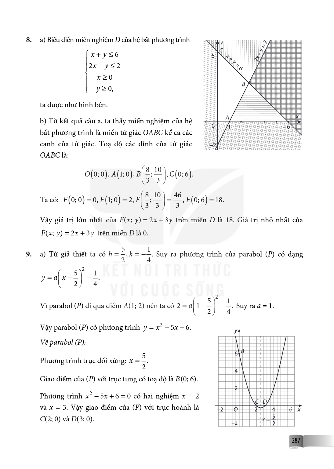 8. a) Biểu diễn miền nghiệm $D$ của hệ bất phương trình $$ \begin{cases} x + y \le 6 \ 2x - y \le 2 \ x \ge 0 \ y \ge 0, \end{cases} $$ ta được như hình bên. b)
