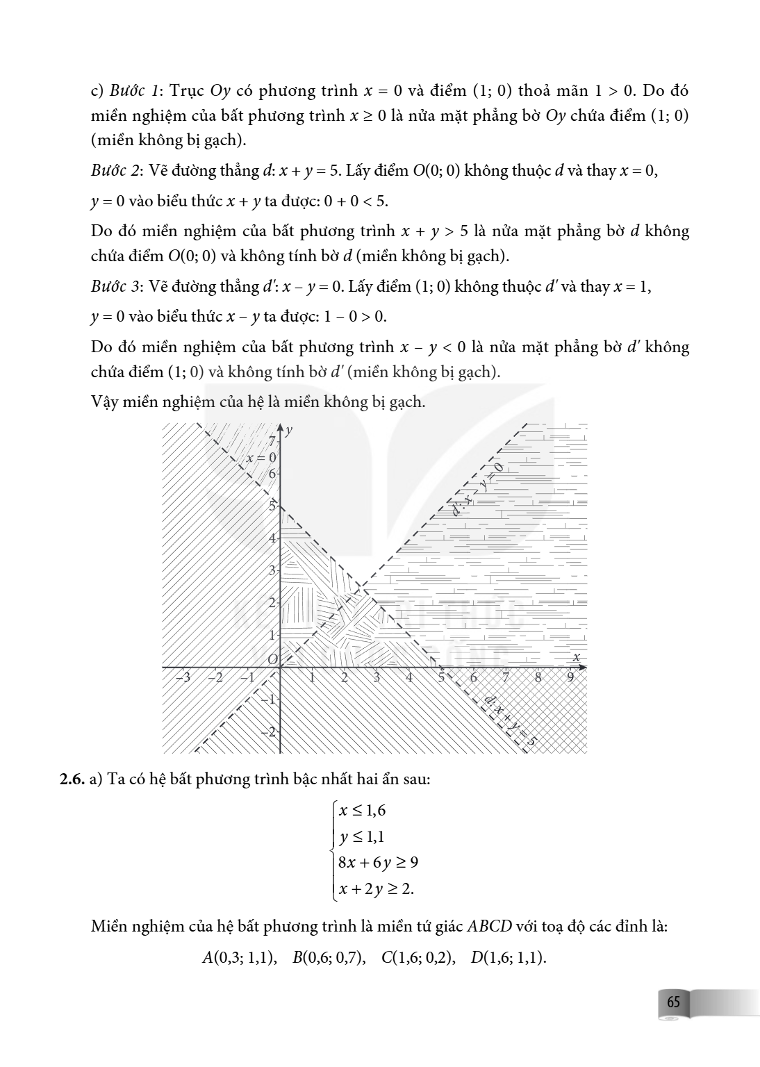 c) Bước 1: Trục $Oy$ có phương trình $x = 0$ và điểm $(1; 0)$ thoả mãn $1 > 0$. Do đó miền nghiệm của bất phương trình $x \geq 0$ là nửa mặt phẳng bờ $Oy$ chứa 