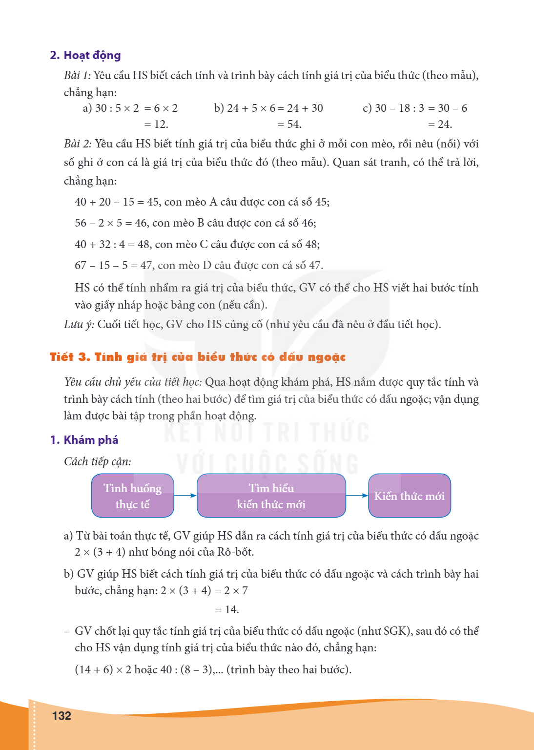 2. Hoạt động Bài 1: Yêu cầu HS biết cách tính và trình bày cách tính giá trị của biểu thức (theo mẫu), chẳng hạn: a) $30 : 5 \times 2 = 6 \times 2$ $\qquad\qqua