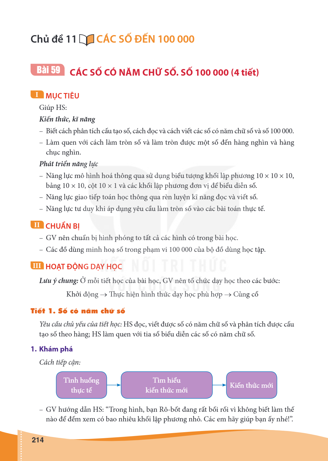 Chủ đề 11 CÁC SỐ ĐẾN 100 000 Bài 59 CÁC SỐ CÓ NĂM CHỮ SỐ. SỐ 100 000 (4 tiết) I MỤC TIÊU Giúp HS: Kiến thức, kĩ năng Biết cách phân tích cấu tạo số, cách đọc và