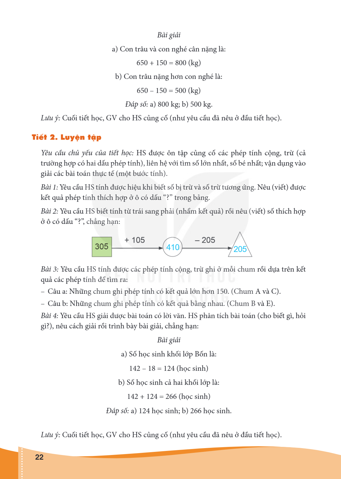 Bài giải a) Con trâu và con nghé cân nặng là: 650 + 150 = 800 (kg) b) Con trâu nặng hơn con nghé là: 650 - 150 = 500 (kg) Đáp số: a) 800 kg; b) 500 kg. Lưu ý: C