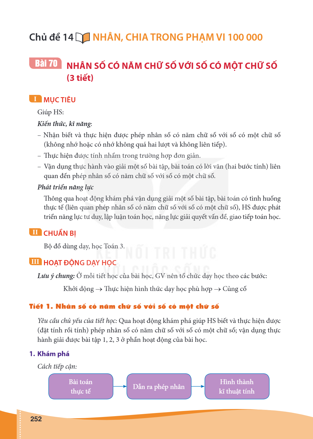Chủ đề 14 NHÂN, CHIA TRONG PHẠM VI 100 000 Bài 70. NHÂN SỐ CÓ NĂM CHỮ SỐ VỚI SỐ CÓ MỘT CHỮ SỐ (3 tiết) I MỤC TIÊU Giúp HS: Kiến thức, kĩ năng: – Nhận biết và th