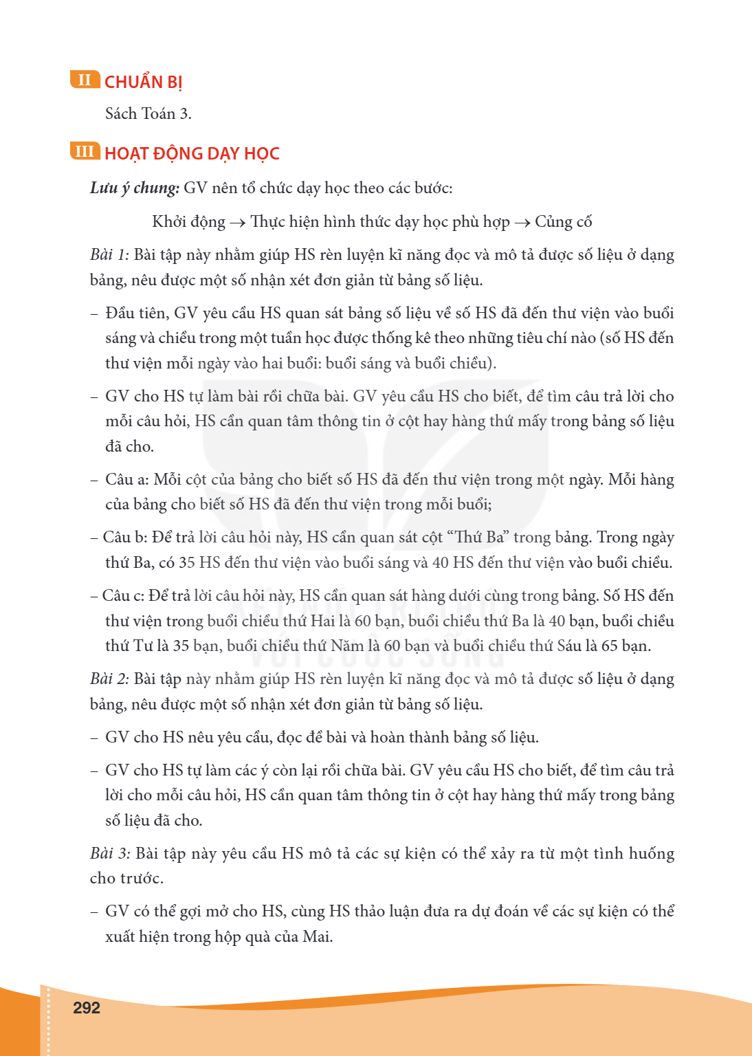 II CHUẨN BỊ Sách Toán 3. III HOẠT ĐỘNG DẠY HỌC Lưu ý chung: GV nên tổ chức dạy học theo các bước: Khởi động → Thực hiện hình thức dạy học phù hợp → Củng cố Bài 