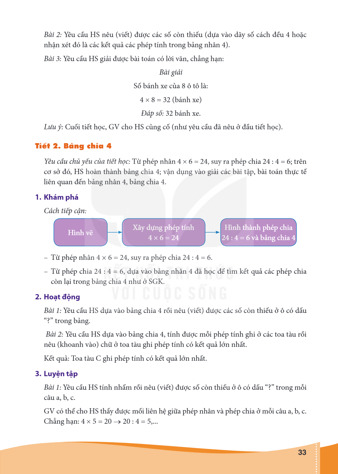 Bài 2: Yêu cầu HS nêu (viết) được các số còn thiếu (dựa vào dãy số cách đều 4 hoặc nhận xét đó là các kết quả các phép tính trong bảng nhân 4). Bài 3: Yêu cầu H