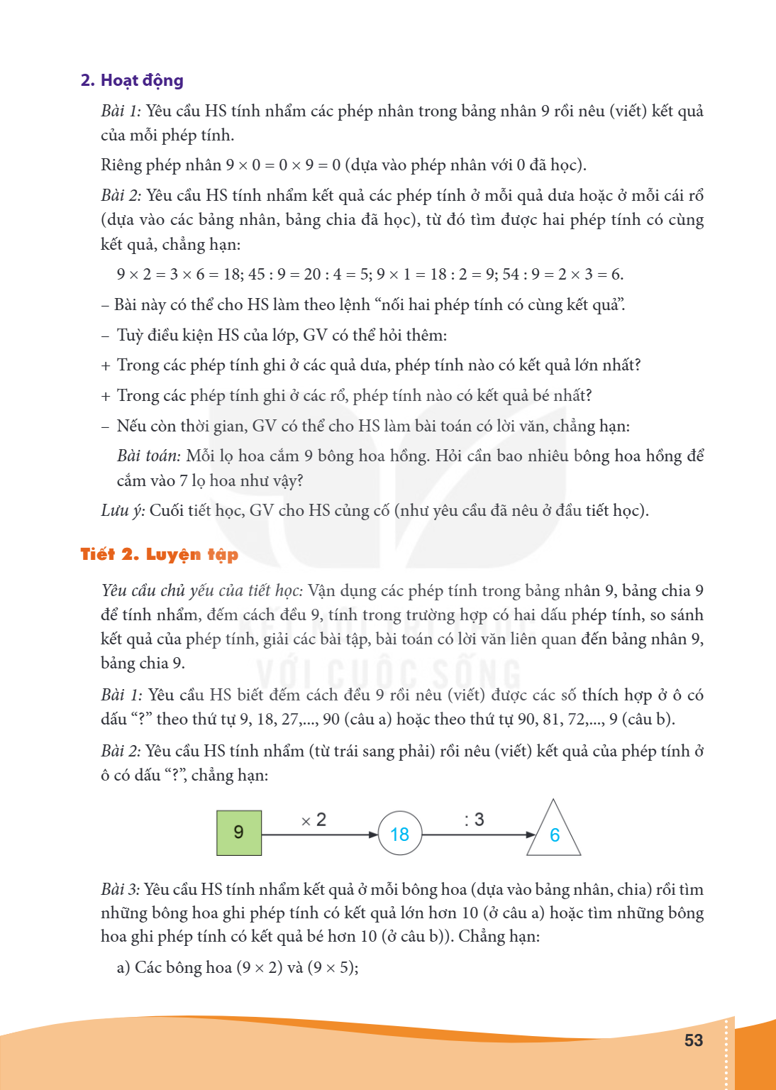 2. Hoạt động Bài 1: Yêu cầu HS tính nhẩm các phép nhân trong bảng nhân 9 rồi nêu (viết) kết quả của mỗi phép tính. Riêng phép nhân 9 × 0 = 0 × 9 = 0 (dựa vào ph
