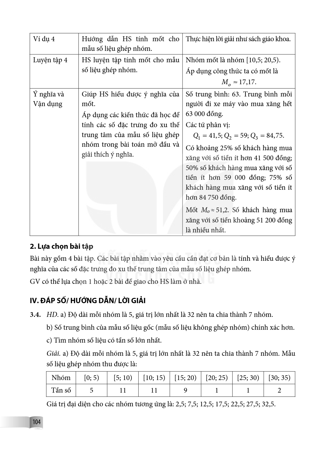 Ví dụ 4, Hướng dẫn HS tính mốt cho mẫu số liệu ghép nhóm., Thực hiện lời giải như sách giáo khoa. Luyện tập 4, HS luyện tập tính mốt cho mẫu số liệu ghép nhóm.,
