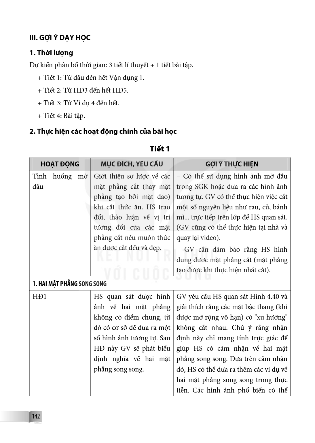 III. GỢI Ý DẠY HỌC 1. Thời lượng Dự kiến phân bổ thời gian: 3 tiết lí thuyết + 1 tiết bài tập. Tiết 1: Từ đầu đến hết Vận dụng 1. Tiết 2: Từ HĐ3 đến hết HD5. Ti