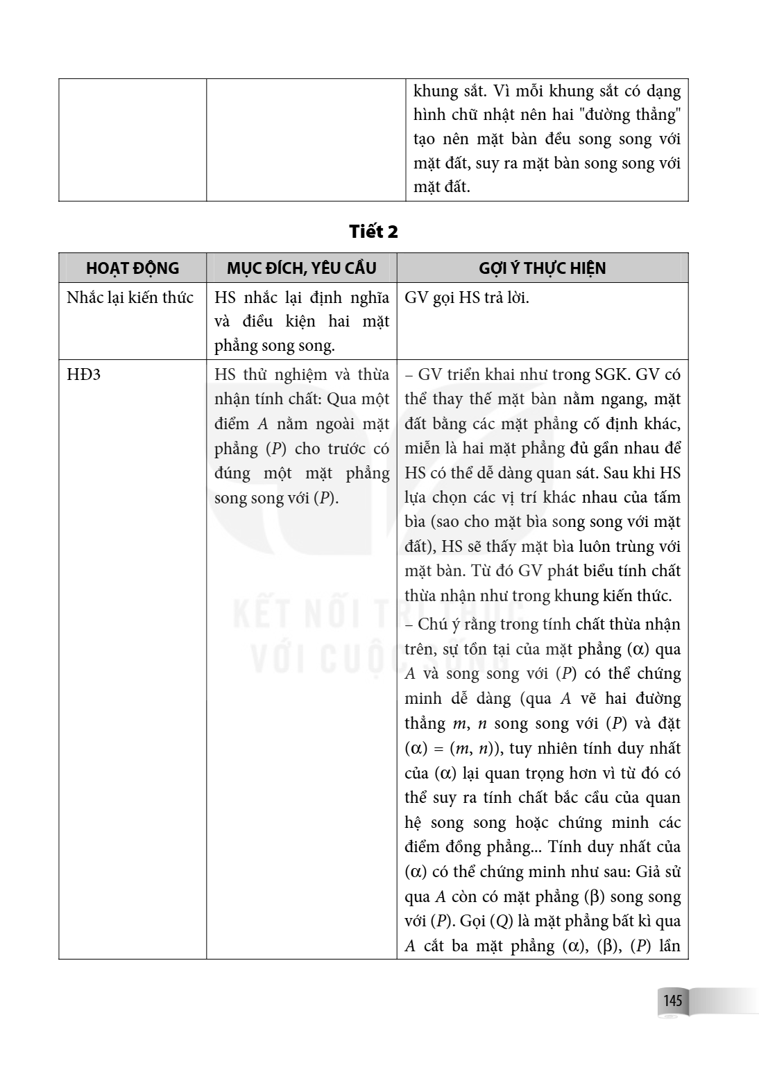 khung sắt. Vì mỗi khung sắt có dạng hình chữ nhật nên hai "đường thẳng" tạo nên mặt bàn đều song song với mặt đất, suy ra mặt bàn song song với mặt đất. Tiết 2 