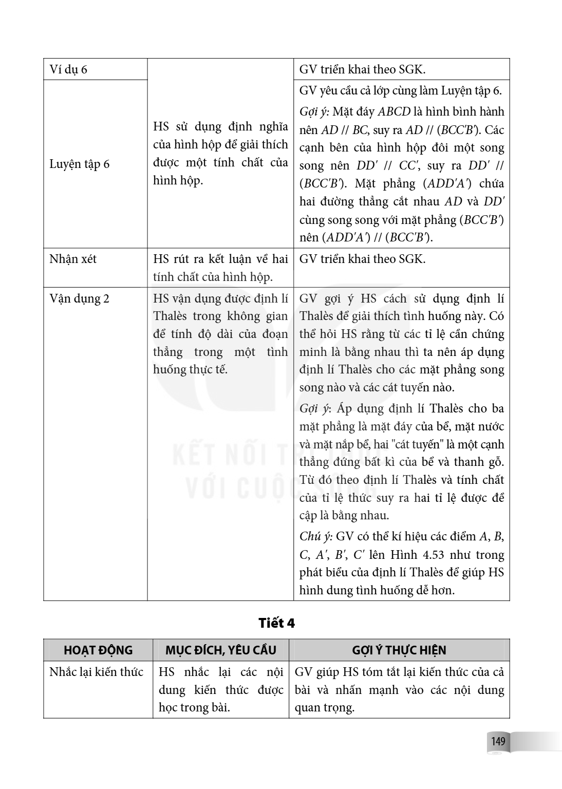 Ví dụ 6, HS sử dụng định nghĩa của hình hộp để giải thích được một tính chất của hình hộp., GV triển khai theo SGK. Luyện tập 6, GV yêu cầu cả lớp cùng làm Luyệ