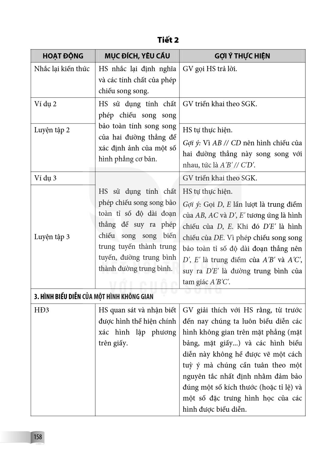 Tiết 2 HOẠT ĐỘNG, MỤC ĐÍCH, YÊU CẦU, GỢI Ý THỰC HIỆN Nhắc lại kiến thức, HS nhắc lại định nghĩa và các tính chất của phép chiếu song song., GV gọi HS trả lời. V