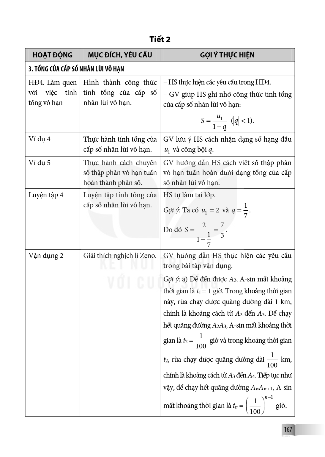 Tiết 2 HOẠT ĐỘNG, MỤC ĐÍCH, YÊU CẦU, GỢI Ý THỰC HIỆN 3. TỔNG CỦA CẤP SỐ NHÂN LÙI VÔ HẠN HĐ4. Làm quen với việc tính tổng vô hạn, Hình thành công thức tính tổng 