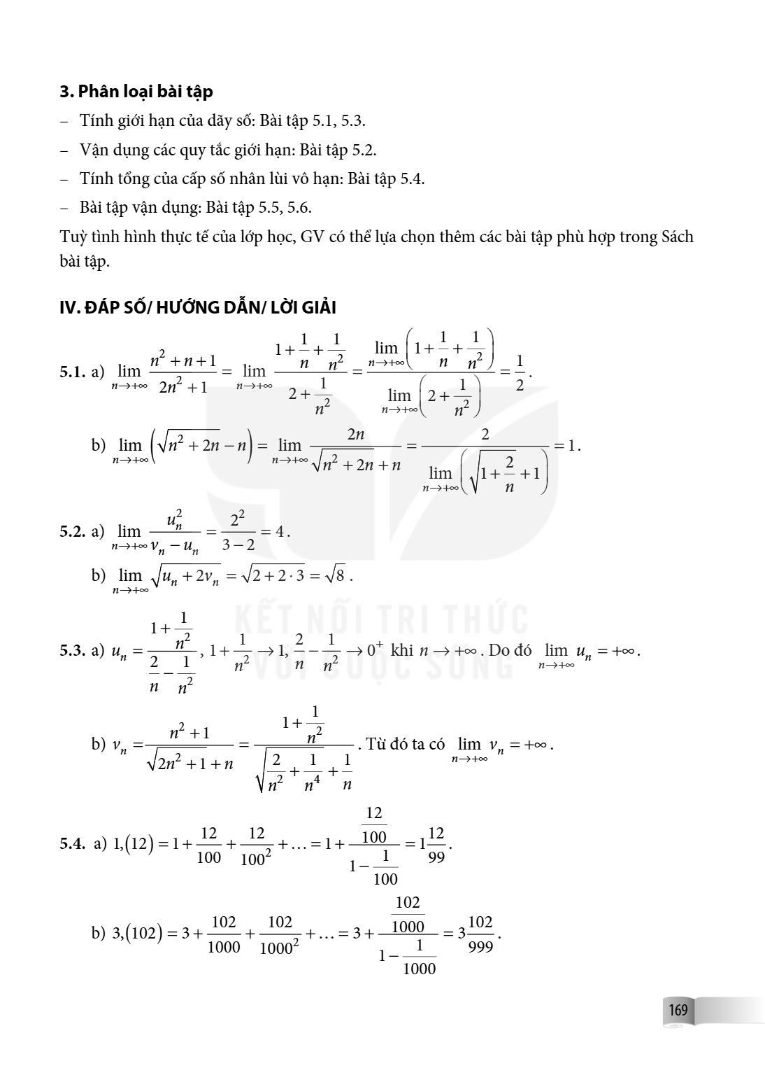 3. Phân loại bài tập – Tính giới hạn của dãy số: Bài tập 5.1, 5.3. – Vận dụng các quy tắc giới hạn: Bài tập 5.2. – Tính tổng của cấp số nhân lùi vô hạn: Bài tập