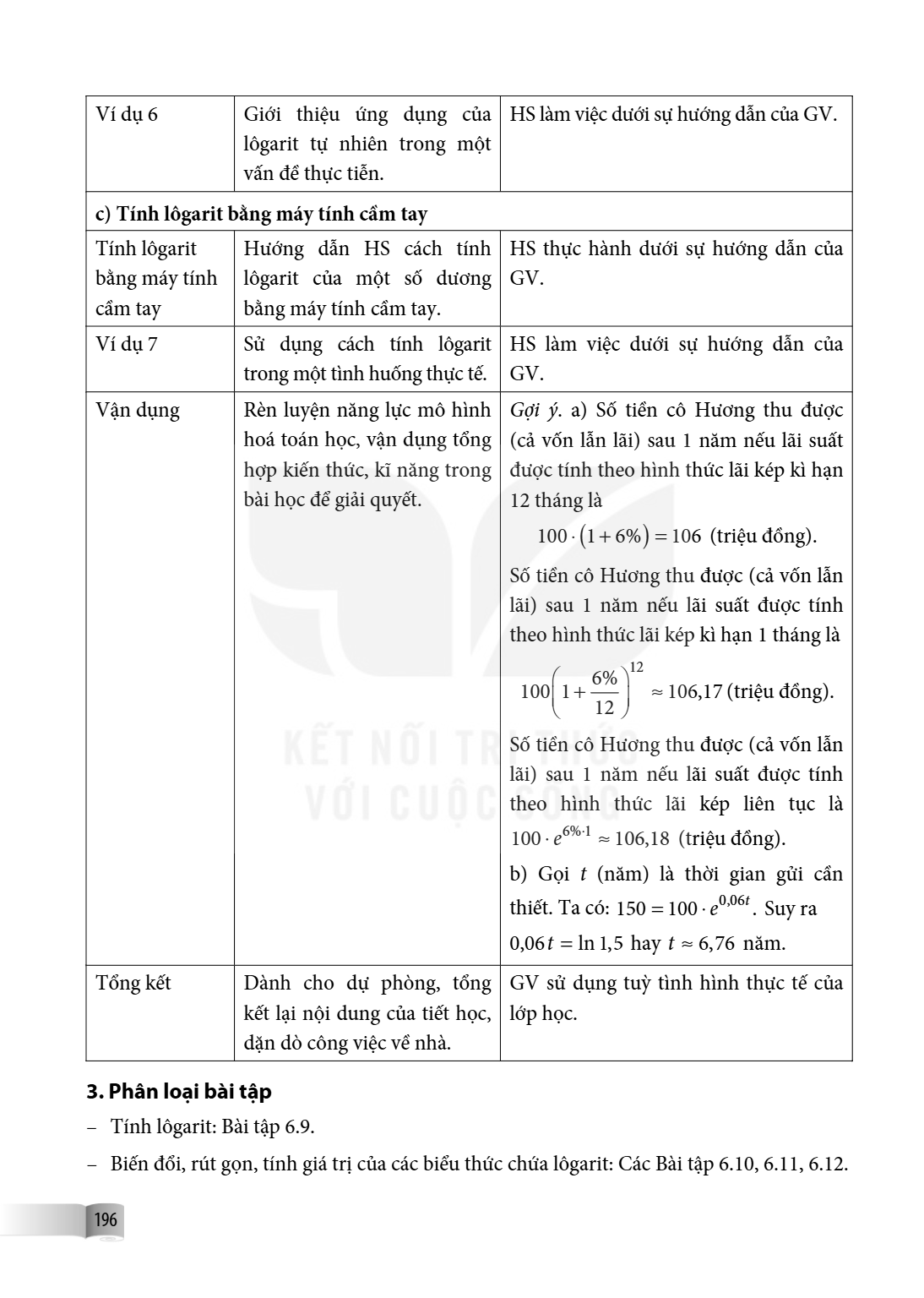 Ví dụ 6, Giới thiệu ứng dụng của lôgarit tự nhiên trong một vấn đề thực tiễn., HS làm việc dưới sự hướng dẫn của GV. c) Tính lôgarit bằng máy tính cầm tay Tính 