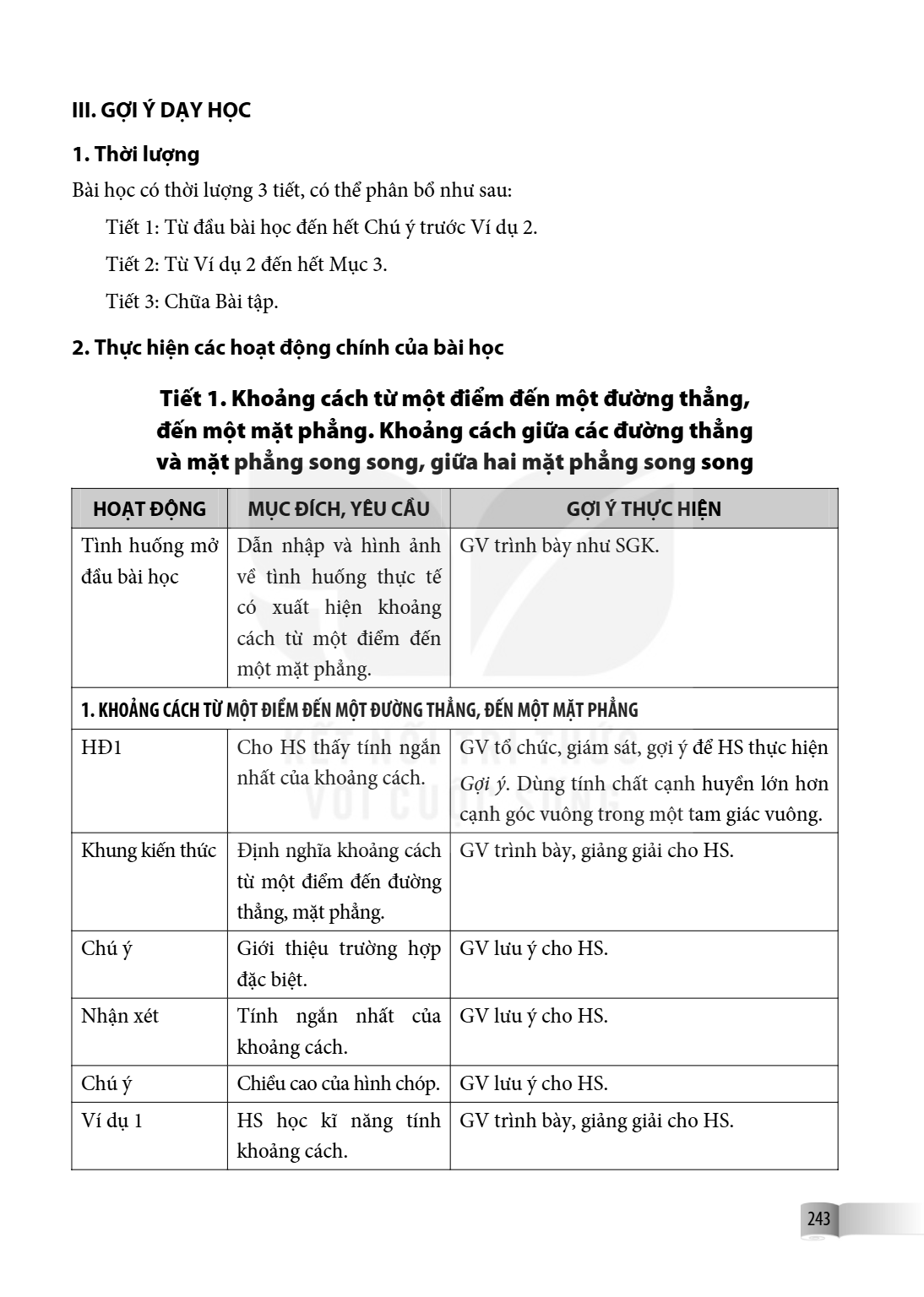 III. GỢI Ý DẠY HỌC 1. Thời lượng Bài học có thời lượng 3 tiết, có thể phân bổ như sau: Tiết 1: Từ đầu bài học đến hết Chú ý trước Ví dụ 2. Tiết 2: Từ Ví dụ 2 đế