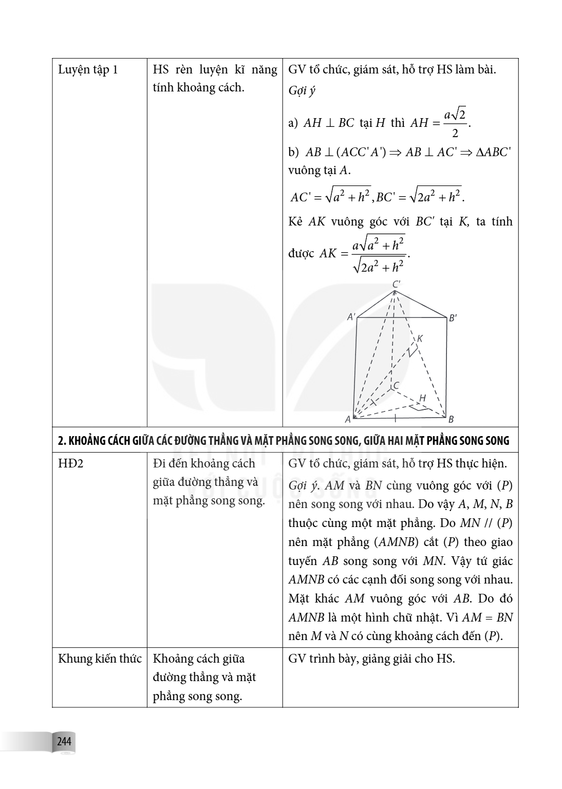 Luyện tập 1, HS rèn luyện kĩ năng tính khoảng cách., GV tổ chức, giám sát, hỗ trợ HS làm bài. Gợi ý a) $AH \perp BC$ tại $H$ thì $AH = \frac{a\sqrt{2}}{2}$. b) 