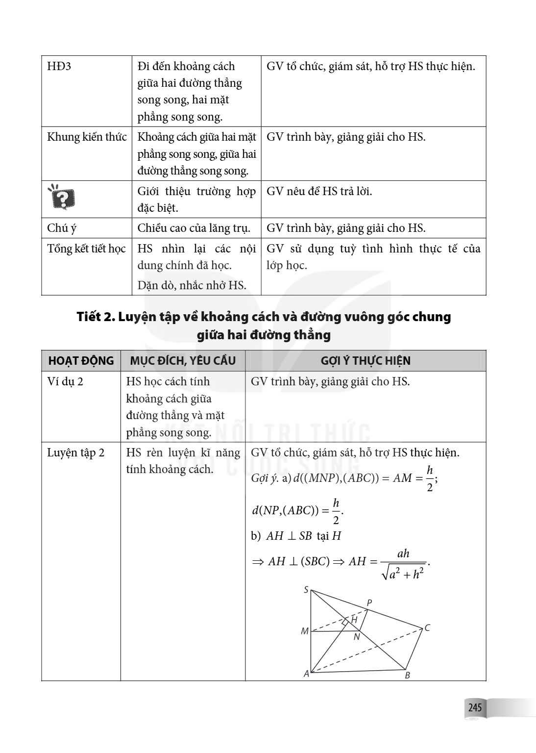 HD3, Đi đến khoảng cách giữa hai đường thẳng song song, hai mặt phẳng song song., GV tổ chức, giám sát, hỗ trợ HS thực hiện. Khung kiến thức, Khoảng cách giữa h