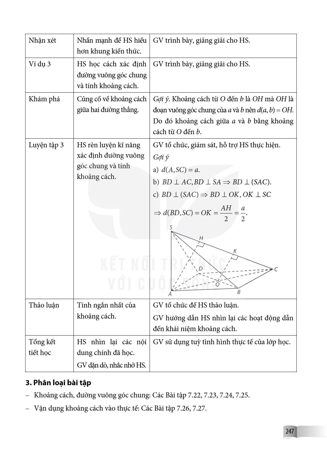 Nhận xét, Nhấn mạnh để HS hiểu hơn khung kiến thức., GV trình bày, giảng giải cho HS. Ví dụ 3, HS học cách xác định đường vuông góc chung và tính khoảng cách., 