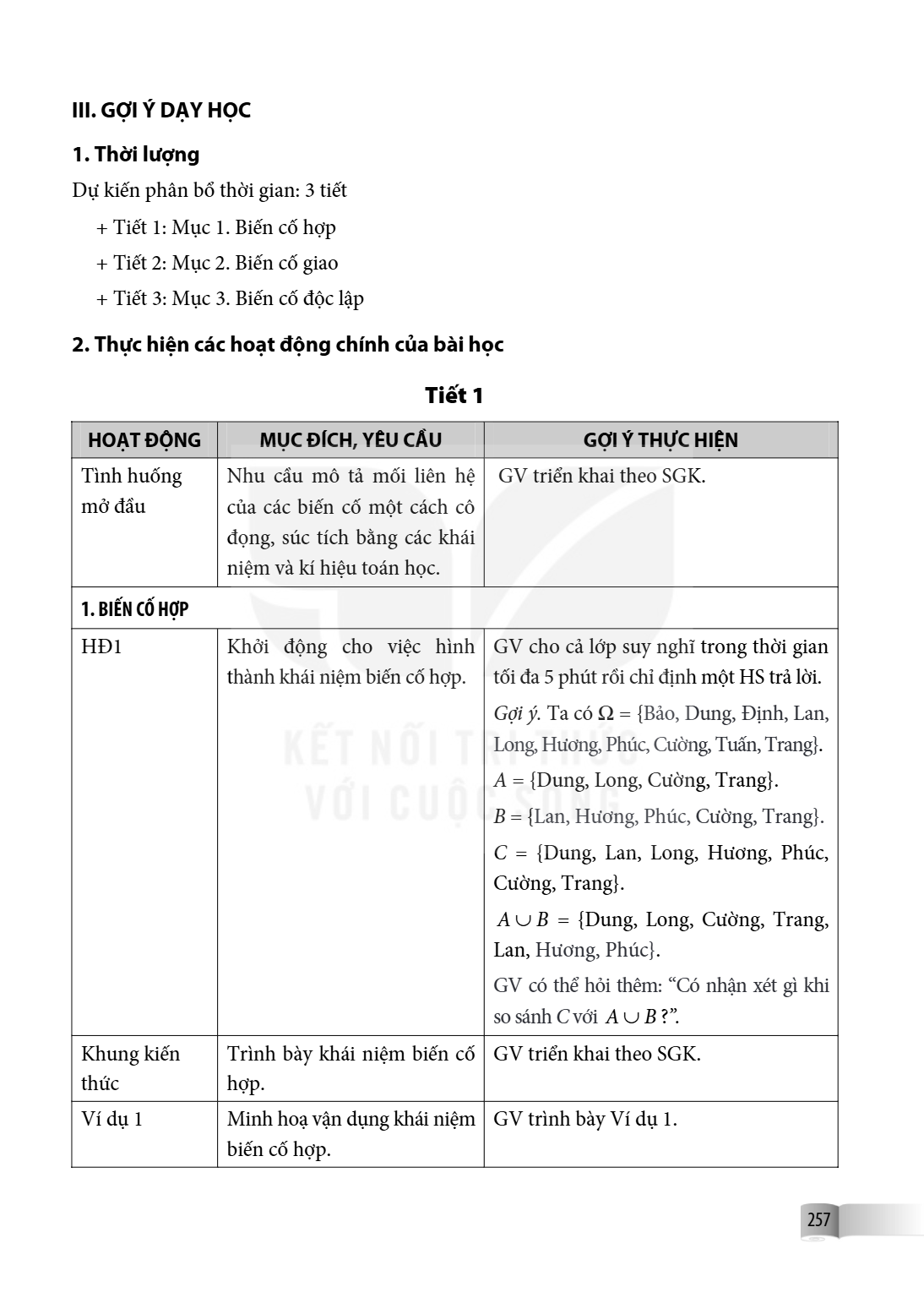 III. GỢI Ý DẠY HỌC 1. Thời lượng Dự kiến phân bổ thời gian: 3 tiết Tiết 1: Mục 1. Biến cố hợp Tiết 2: Mục 2. Biến cố giao Tiết 3: Mục 3. Biến cố độc lập 2. Thực