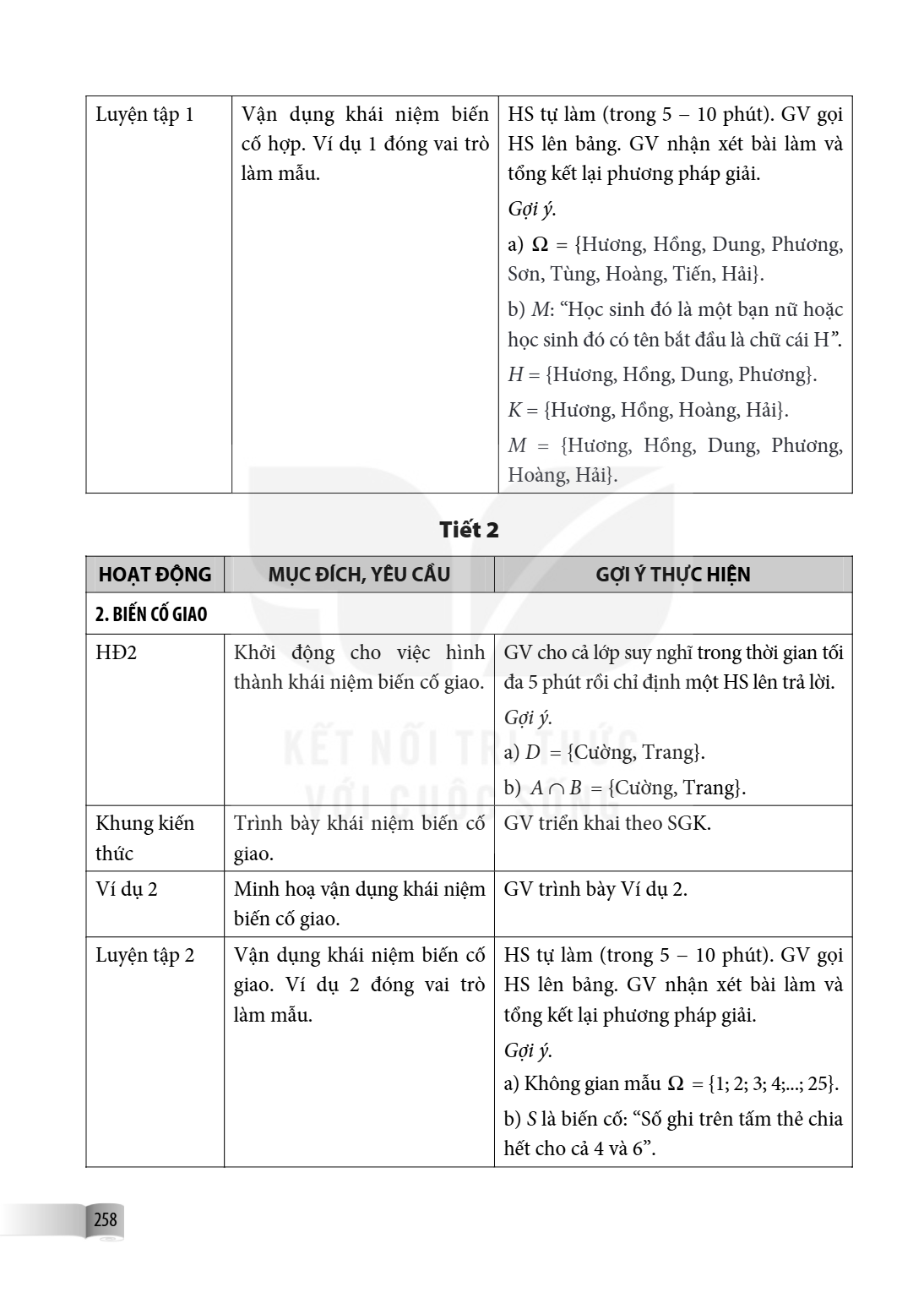 Luyện tập 1, Vận dụng khái niệm biến cố hợp. Ví dụ 1 đóng vai trò làm mẫu., HS tự làm (trong 5 – 10 phút). GV gọi HS lên bảng. GV nhận xét bài làm và tổng kết l