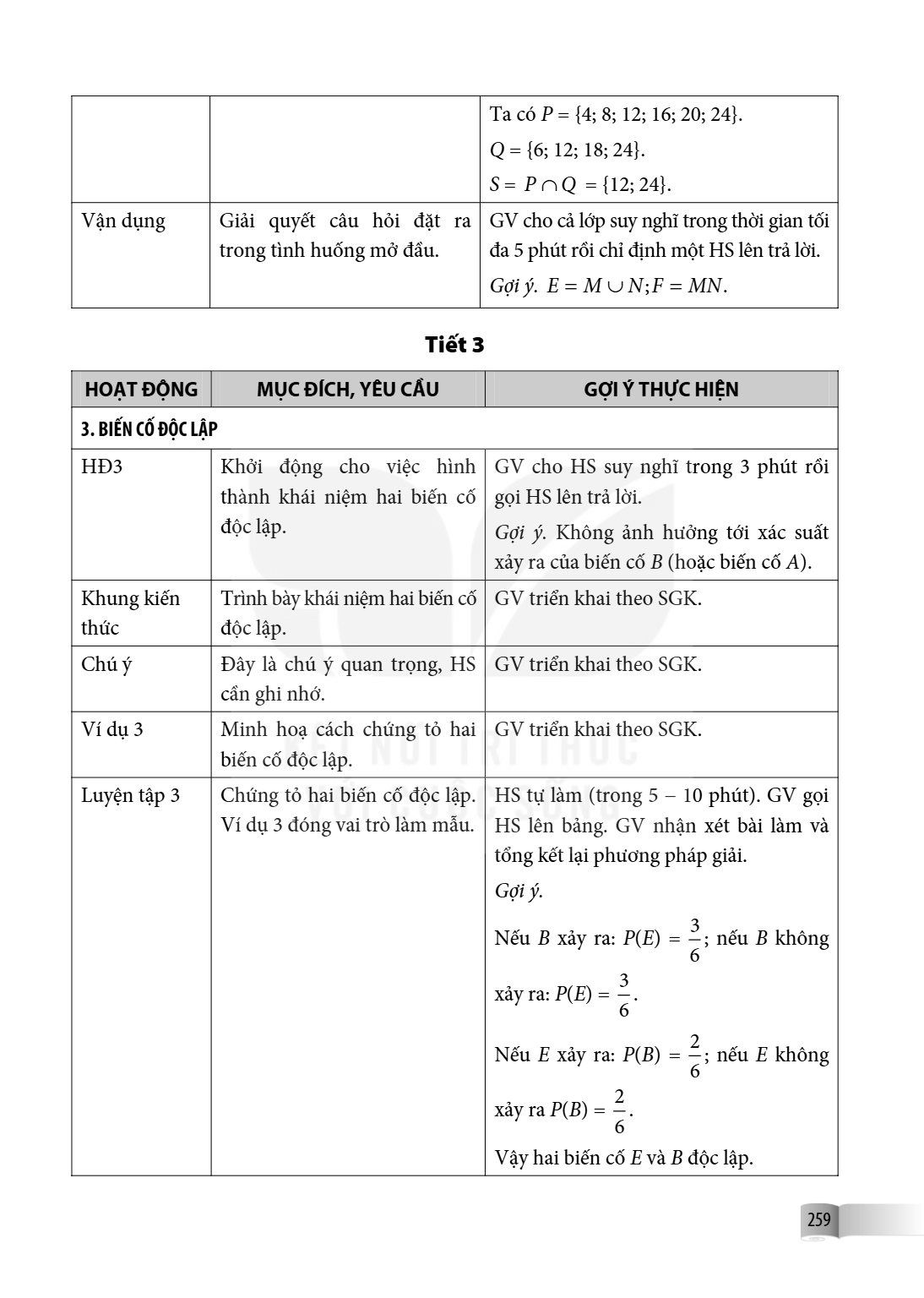 Ta có $P = {4; 8; 12; 16; 20; 24}$. $Q = {6; 12; 18; 24}$. $S = P \cap Q = {12; 24}$. Vận dụng, Giải quyết câu hỏi đặt ra trong tình huống mở đầu., GV cho cả lớ