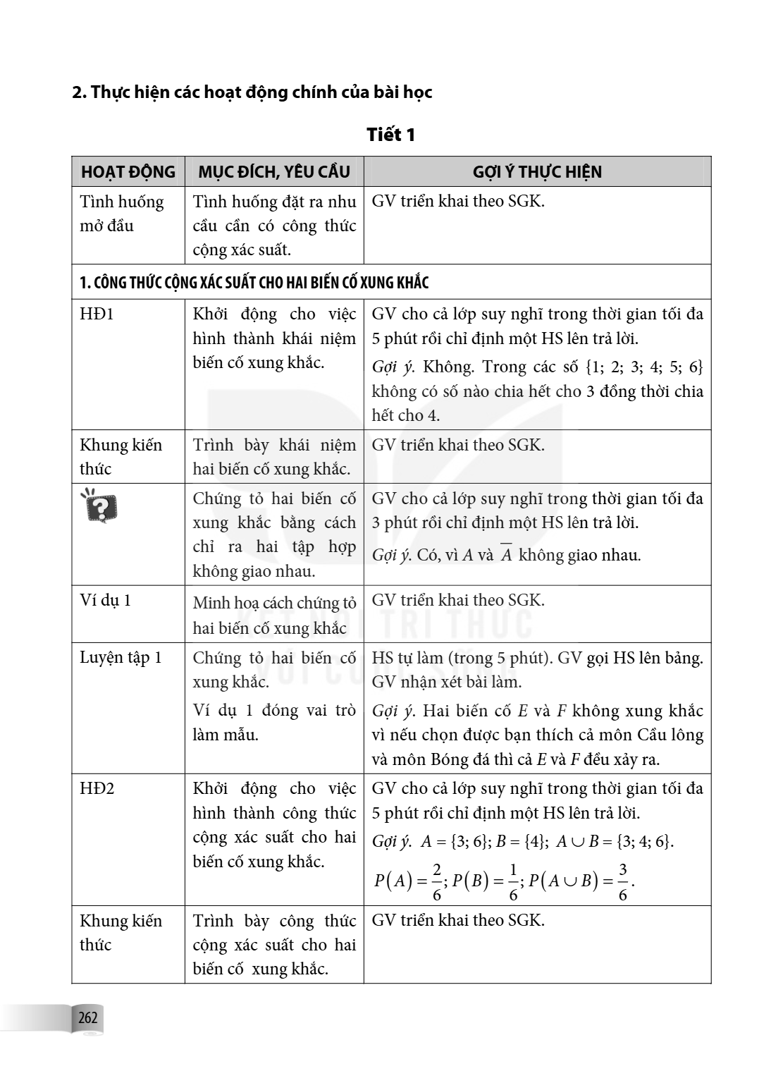 2. Thực hiện các hoạt động chính của bài học Tiết 1 HOẠT ĐỘNG, MỤC ĐÍCH, YÊU CẦU, GỢI Ý THỰC HIỆN Tình huống mở đầu, Tình huống đặt ra nhu cầu cần có công thức 