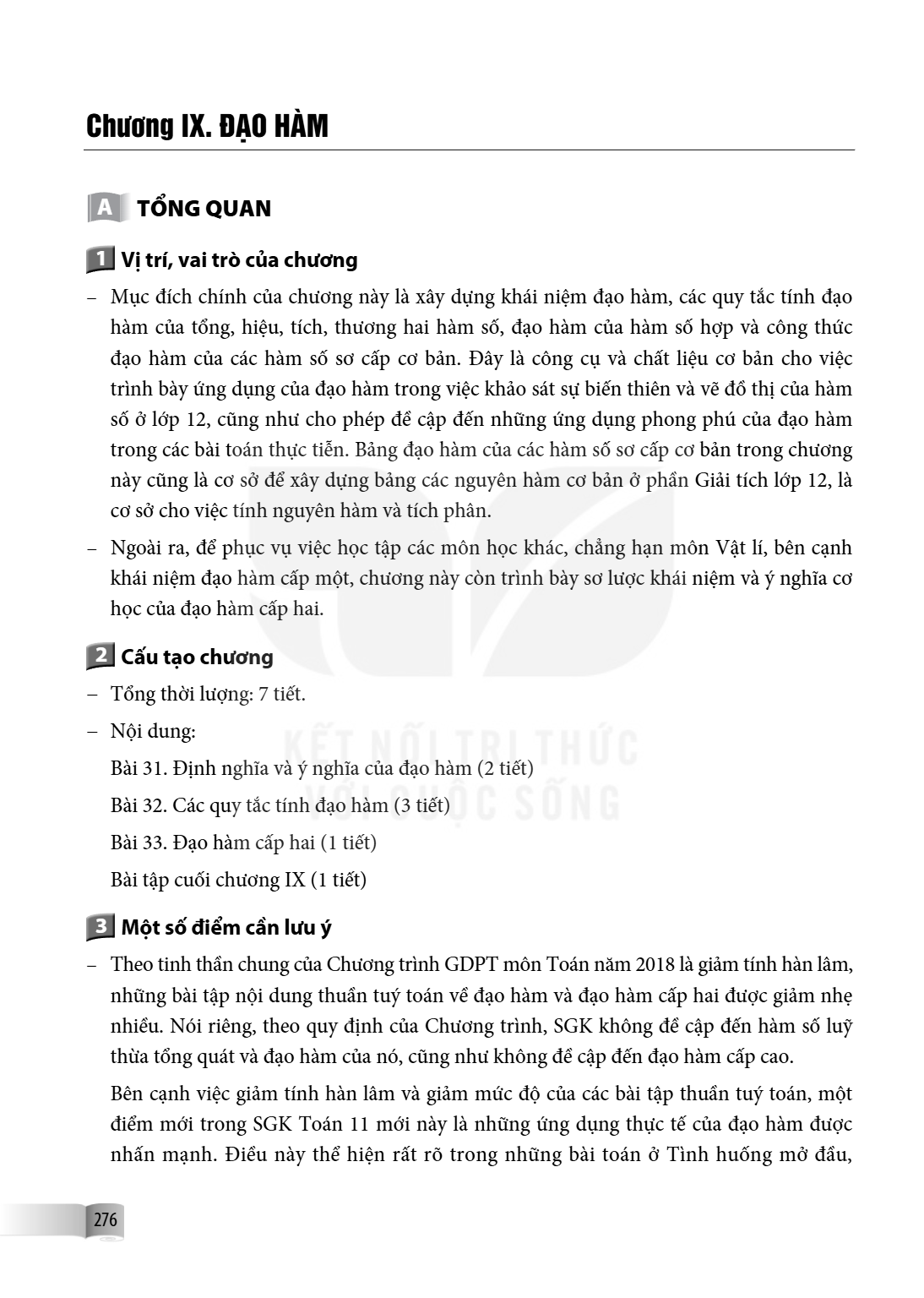 Chương IX. ĐẠO HÀM A TỔNG QUAN 1 Vị trí, vai trò của chương Mục đích chính của chương này là xây dựng khái niệm đạo hàm, các quy tắc tính đạo hàm của tổng, hiệu