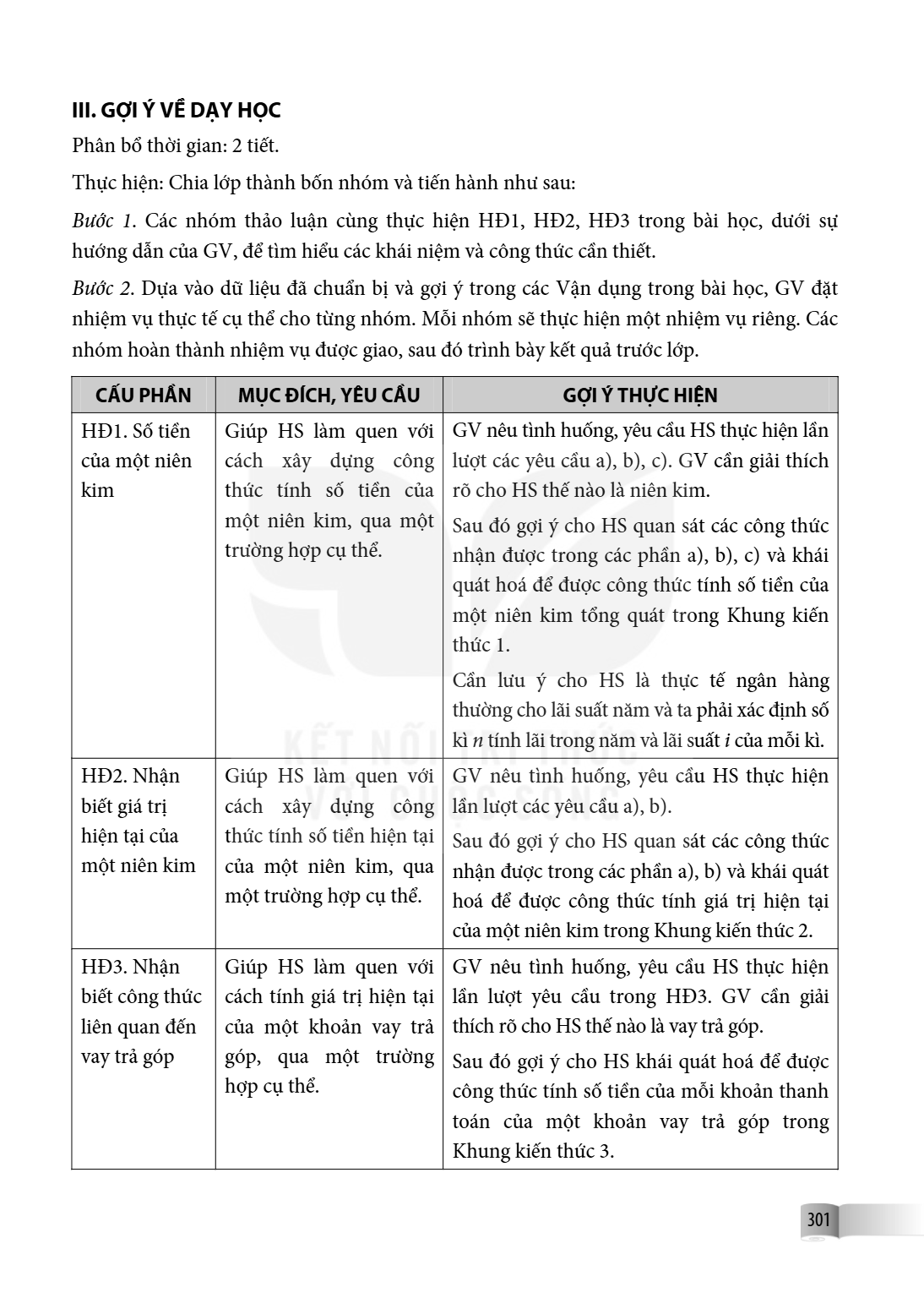 III. GỢI Ý VỀ DẠY HỌC Phân bố thời gian: 2 tiết. Thực hiện: Chia lớp thành bốn nhóm và tiến hành như sau: Bước 1. Các nhóm thảo luận cùng thực hiện HĐ1, HĐ2, HĐ