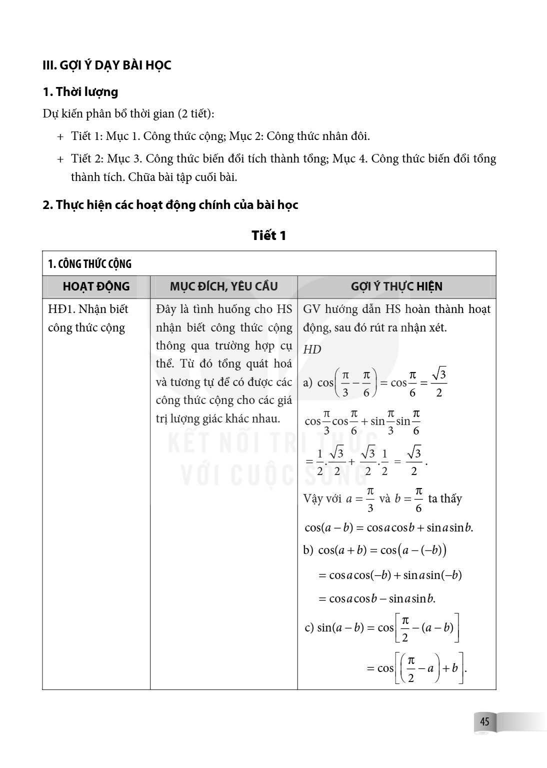 III. GỢI Ý DẠY BÀI HỌC 1. Thời lượng Dự kiến phân bổ thời gian (2 tiết): Tiết 1: Mục 1. Công thức cộng; Mục 2: Công thức nhân đôi. Tiết 2: Mục 3. Công thức biến