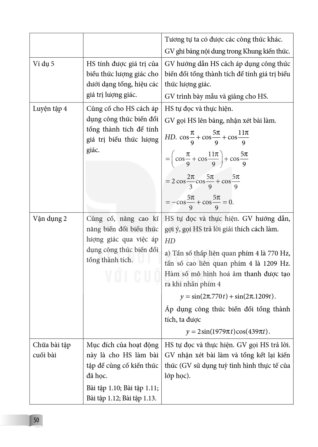 Tương tự ta có được các công thức khác. GV ghi bảng nội dung trong Khung kiến thức. Ví dụ 5, HS tính được giá trị của biểu thức lượng giác cho dưới dạng tổng, h