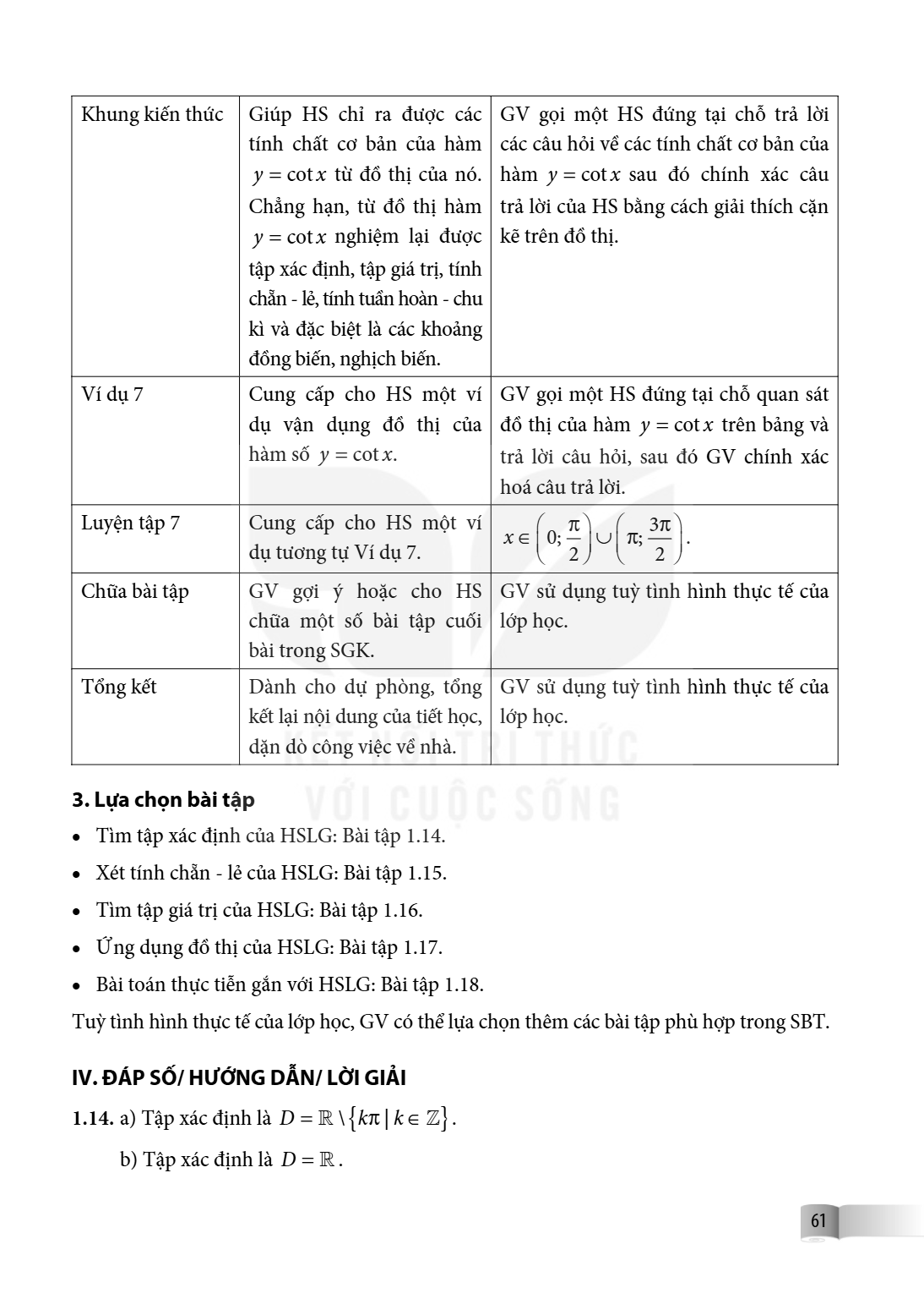Khung kiến thức, Giúp HS chỉ ra được các tính chất cơ bản của hàm $y = \cot x$ từ đồ thị của nó. Chẳng hạn, từ đồ thị hàm $y = \cot x$ nghiệm lại được tập xác đ