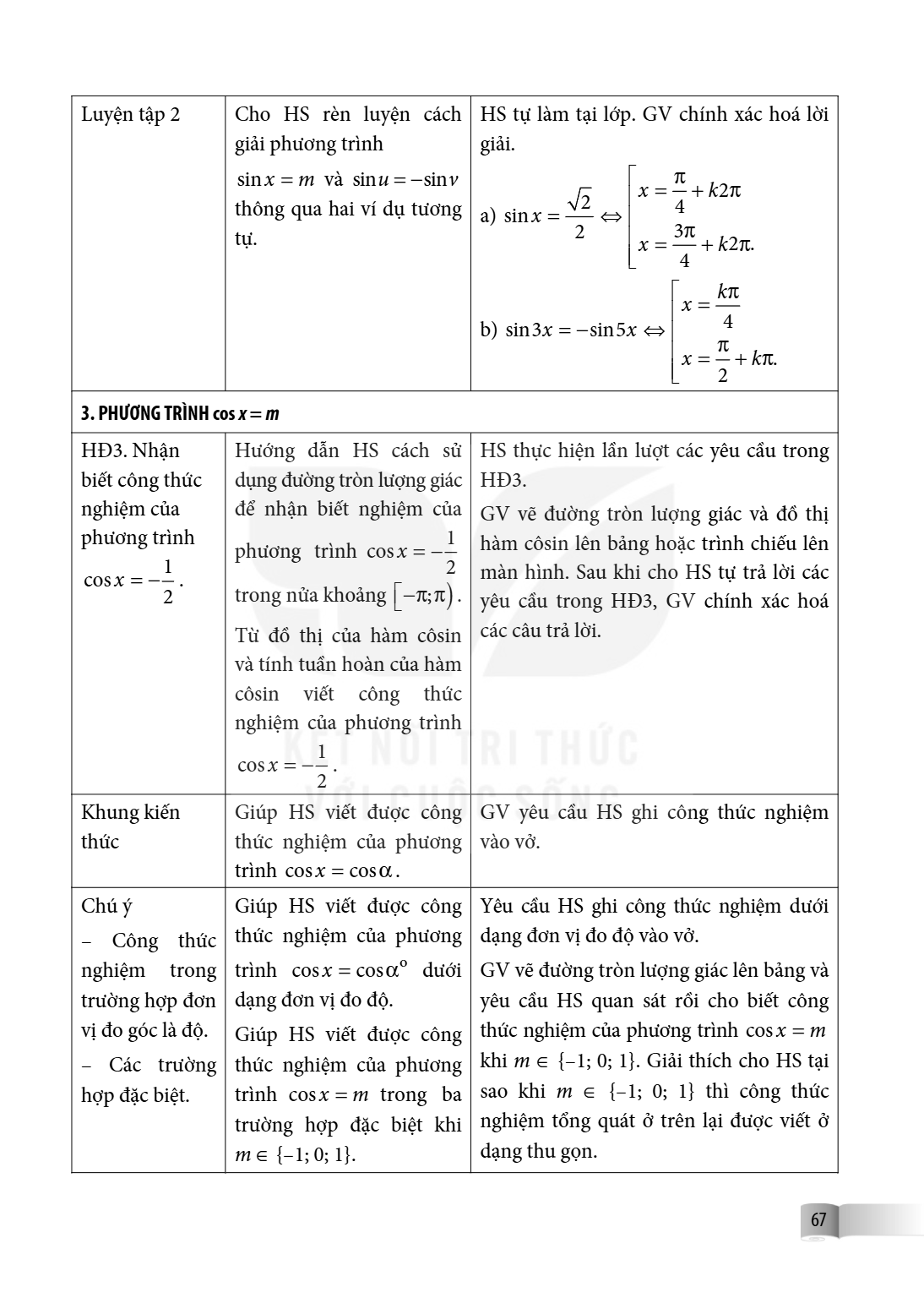 Luyện tập 2, Cho HS rèn luyện cách giải phương trình $\sin x = m$ và $\sin u = -\sin v$ thông qua hai ví dụ tương tự., HS tự làm tại lớp. GV chính xác hoá lời g