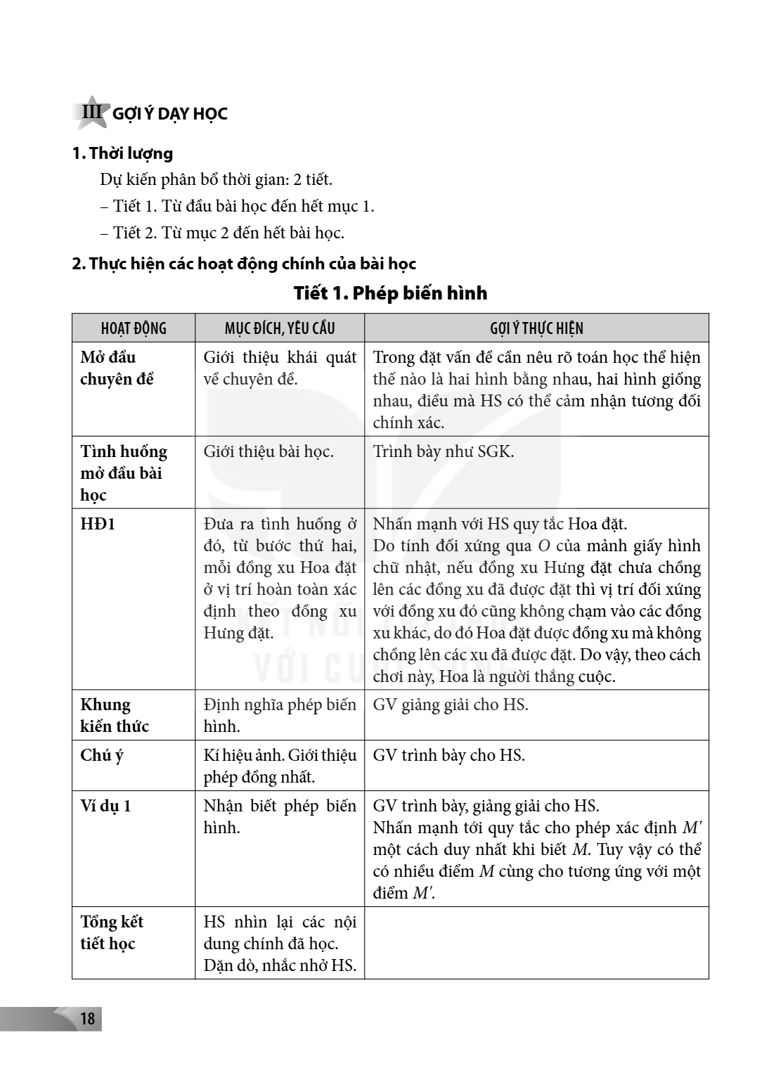 III GỢI Ý DẠY HỌC 1. Thời lượng Dự kiến phân bổ thời gian: 2 tiết. – Tiết 1. Từ đầu bài học đến hết mục 1. – Tiết 2. Từ mục 2 đến hết bài học. 2. Thực hiện các 