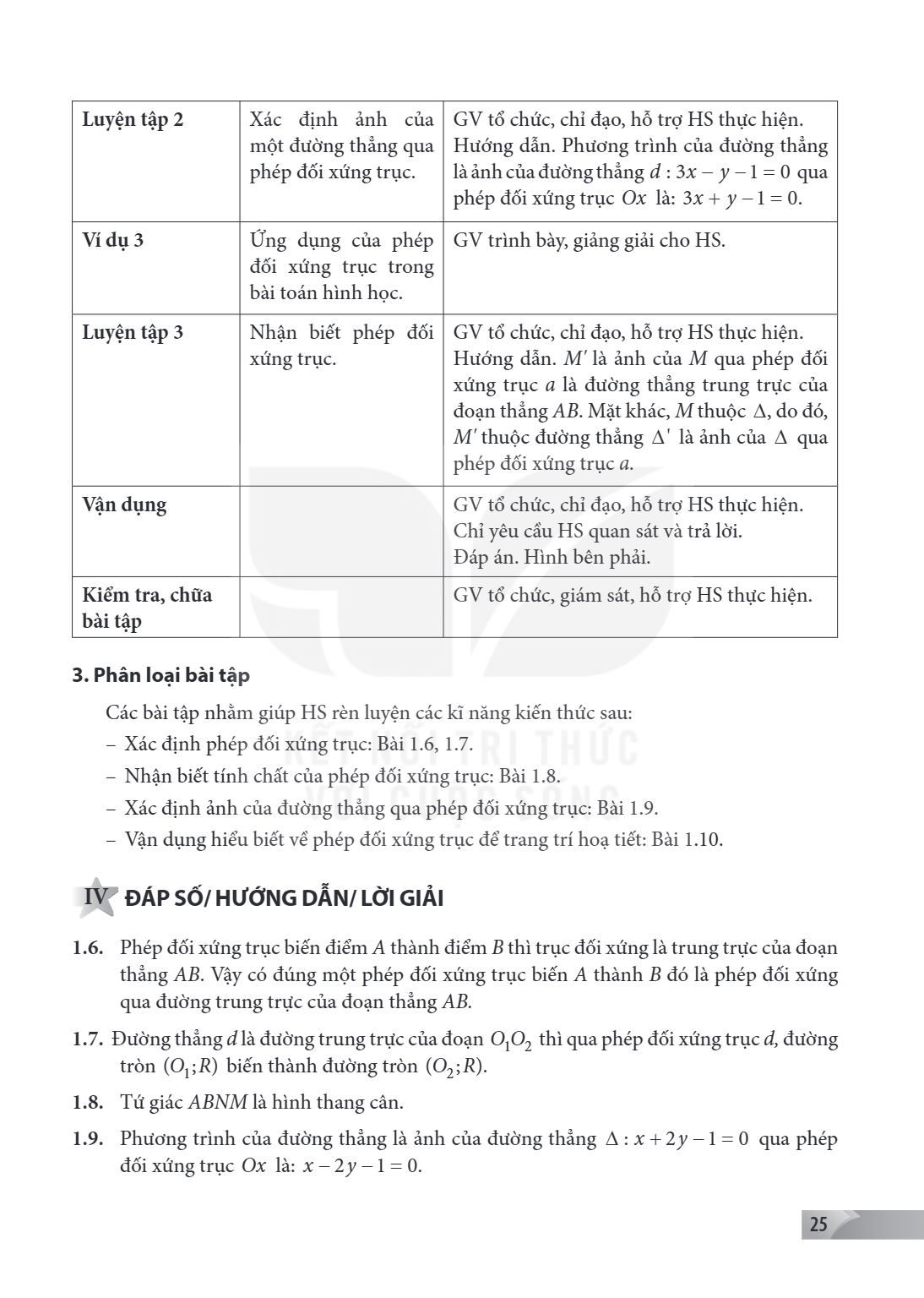 Luyện tập 2, Xác định ảnh của một đường thẳng qua phép đối xứng trục., GV tổ chức, chỉ đạo, hỗ trợ HS thực hiện. Hướng dẫn. Phương trình của đường thẳng là ảnh 