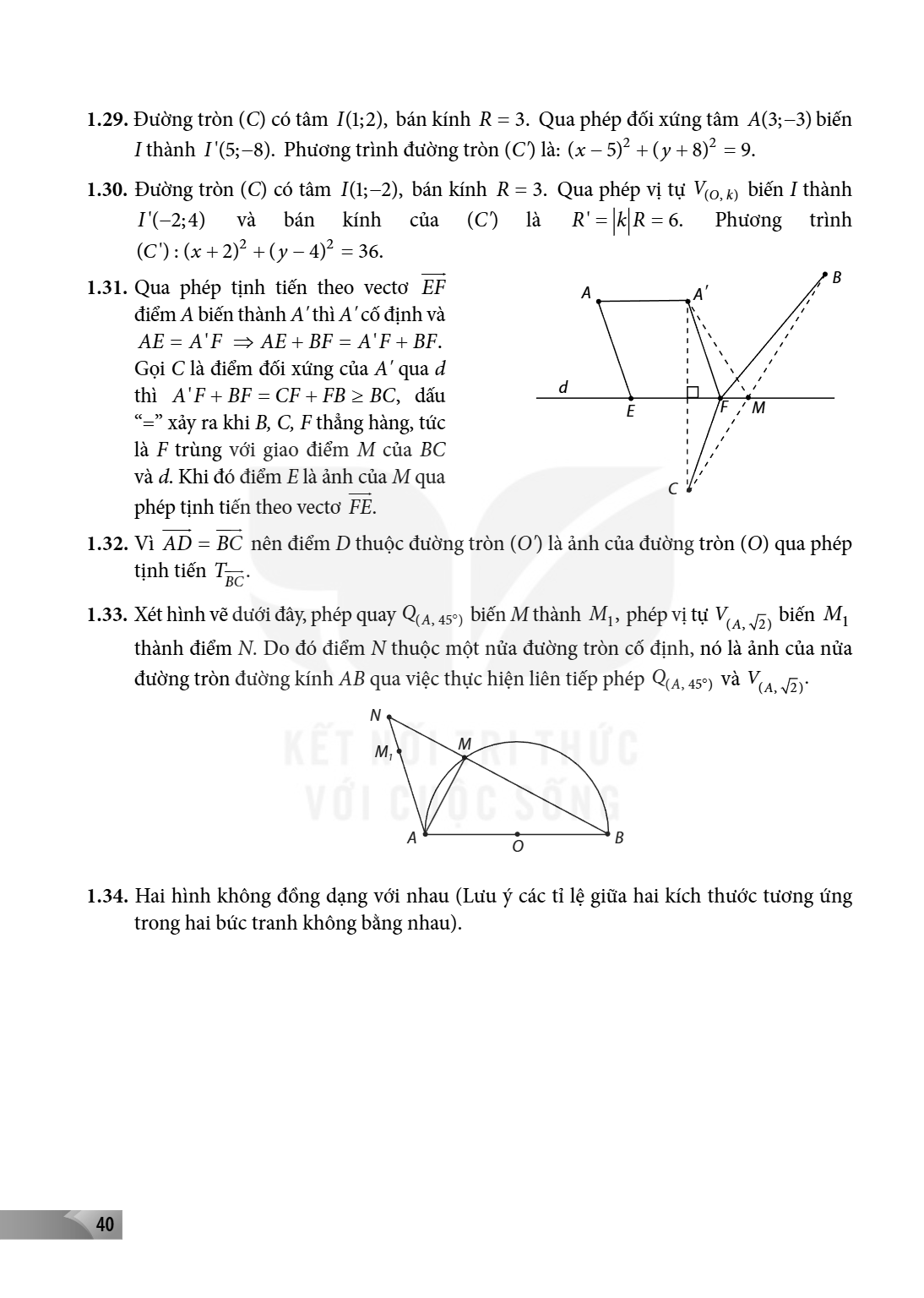 1.29. Đường tròn $(C)$ có tâm $I(1;2)$, bán kính $R = 3$. Qua phép đối xứng tâm $A(3;-3)$ biến $I$ thành $I'(5;-8)$. Phương trình đường tròn $(C')$ là: $(x - 5)