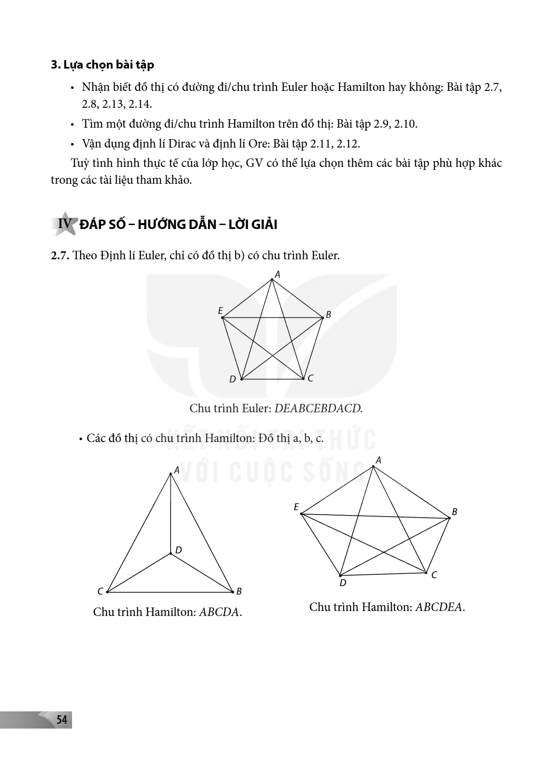 3. Lựa chọn bài tập Nhận biết đồ thị có đường đi/chu trình Euler hoặc Hamilton hay không: Bài tập 2.7, 2.8, 2.13, 2.14 . Tìm một đường đi/chu trình Hamilton trê