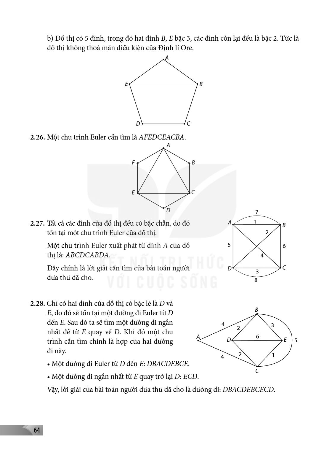 b) Đồ thị có 5 đỉnh, trong đó hai đỉnh $B, E$ bậc 3, các đỉnh còn lại đều là bậc 2. Tức là đồ thị không thoả mãn điều kiện của Định lí Ore. 2.26. Một chu trình 